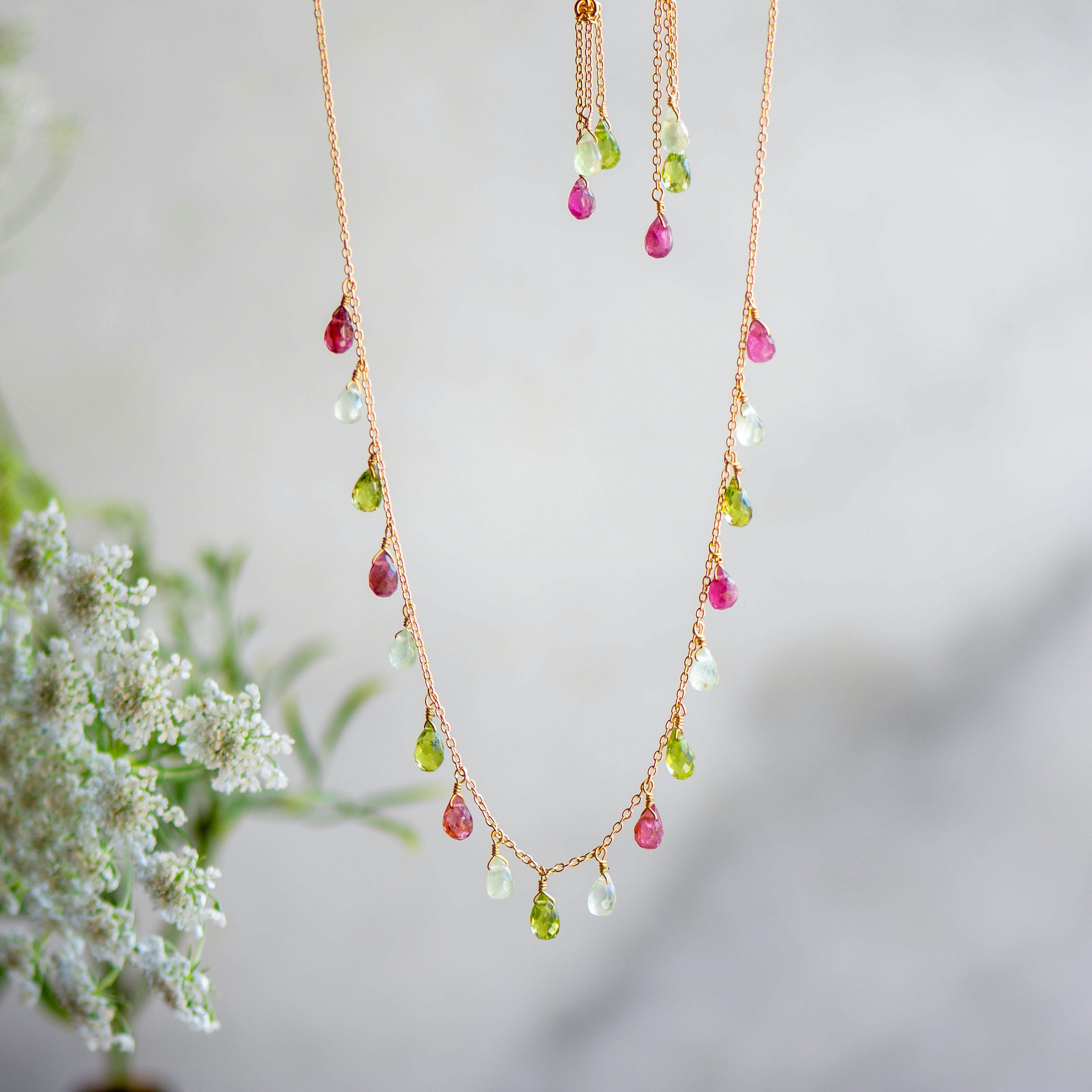 Floret Necklace and Dual Earrings in Peridot, Tourmaline and Prehnite