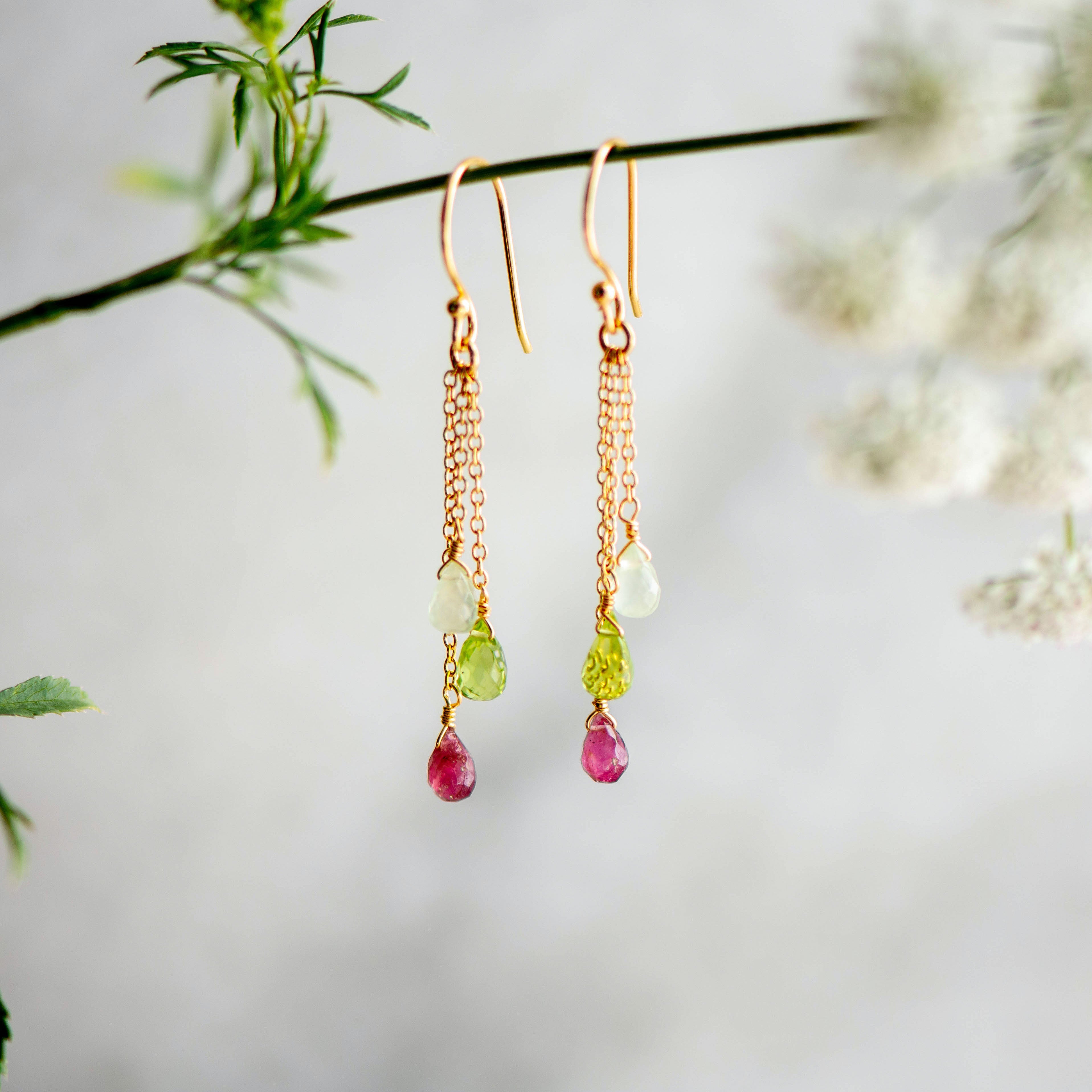 Floret Necklace and Dual Earrings in Peridot, Tourmaline and Prehnite
