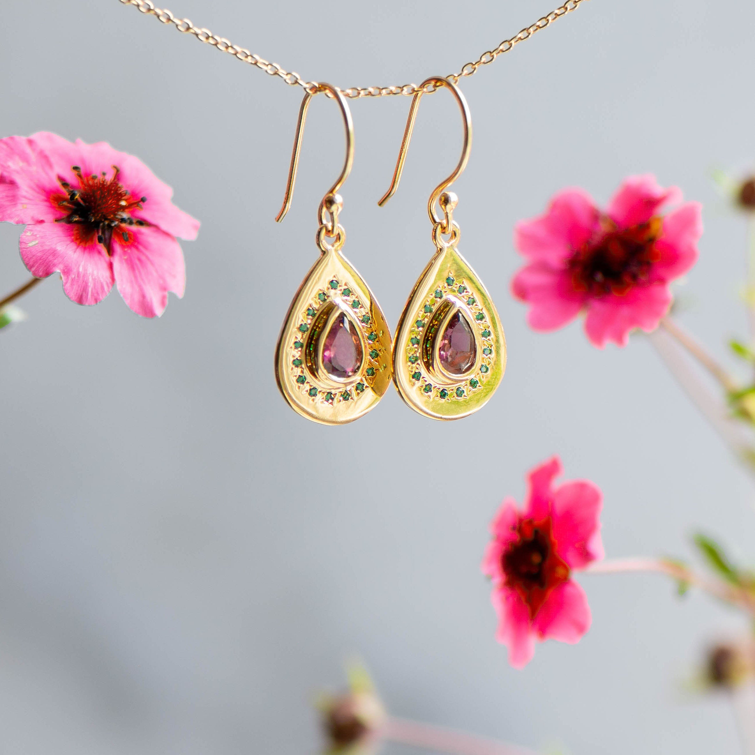 Taj Drop Earrings in Gold With Tourmaline and Emerald