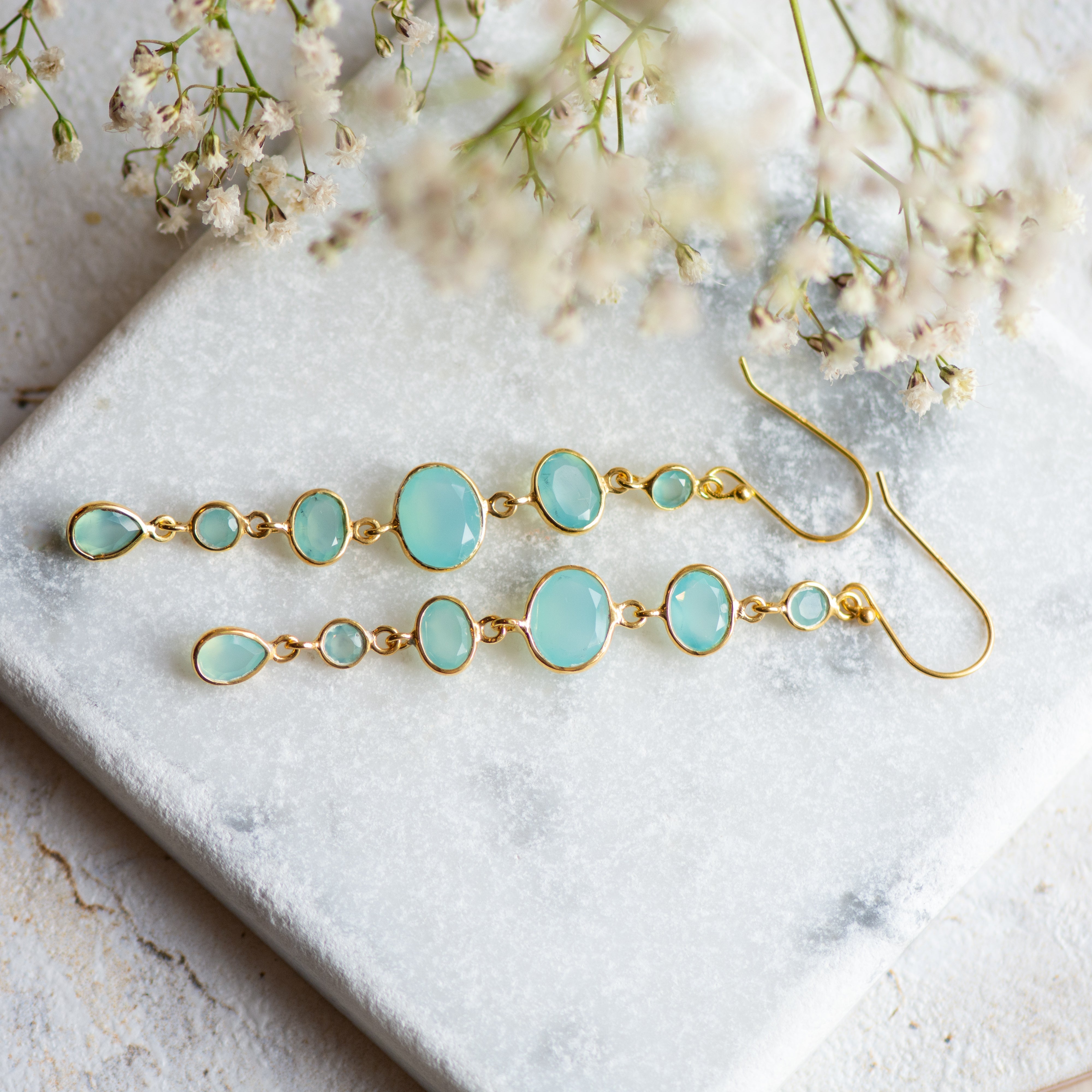 Cascade Earrings in Gold with Aqua chalcedony