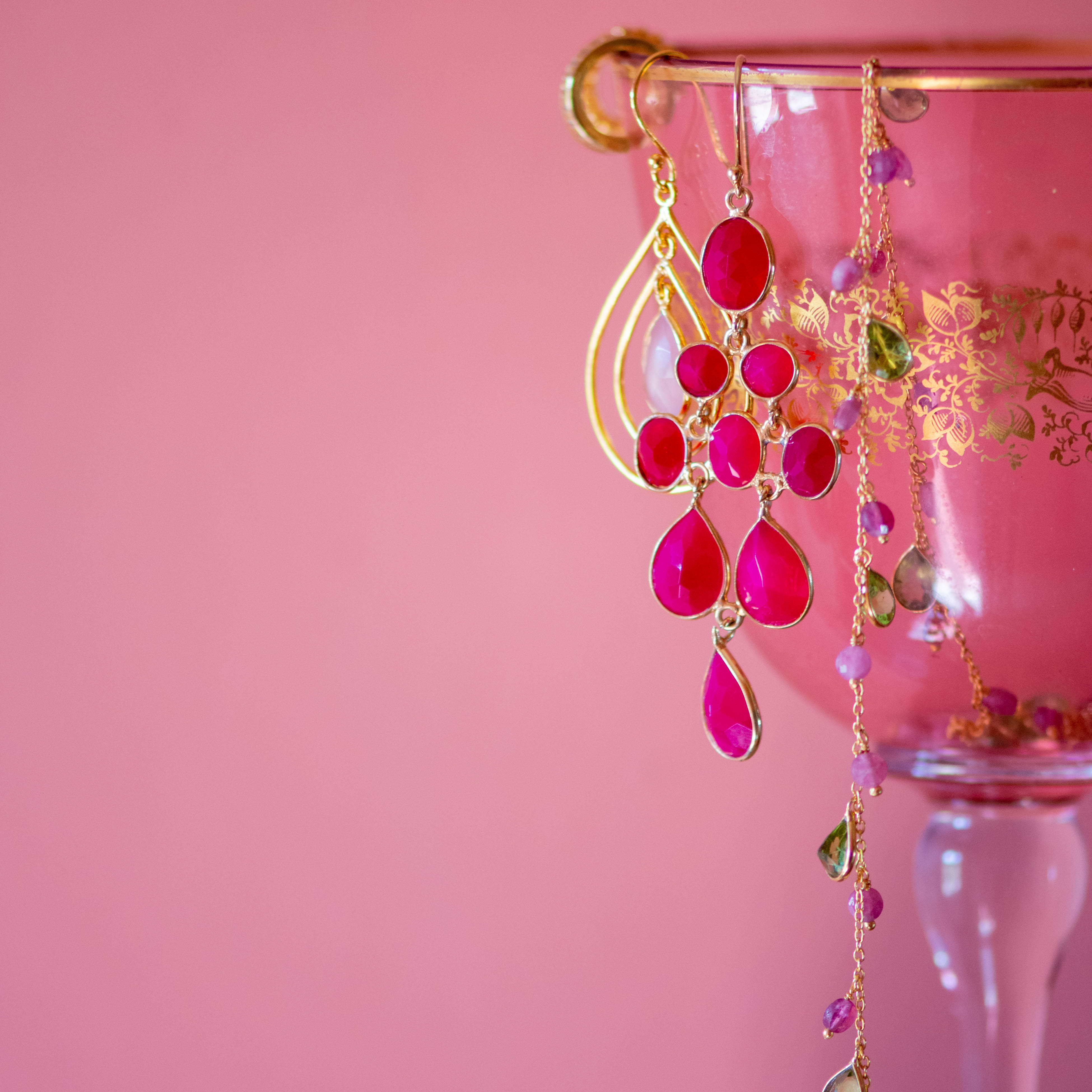 Waterfall Earrings in Gold with Pink Chalcedony