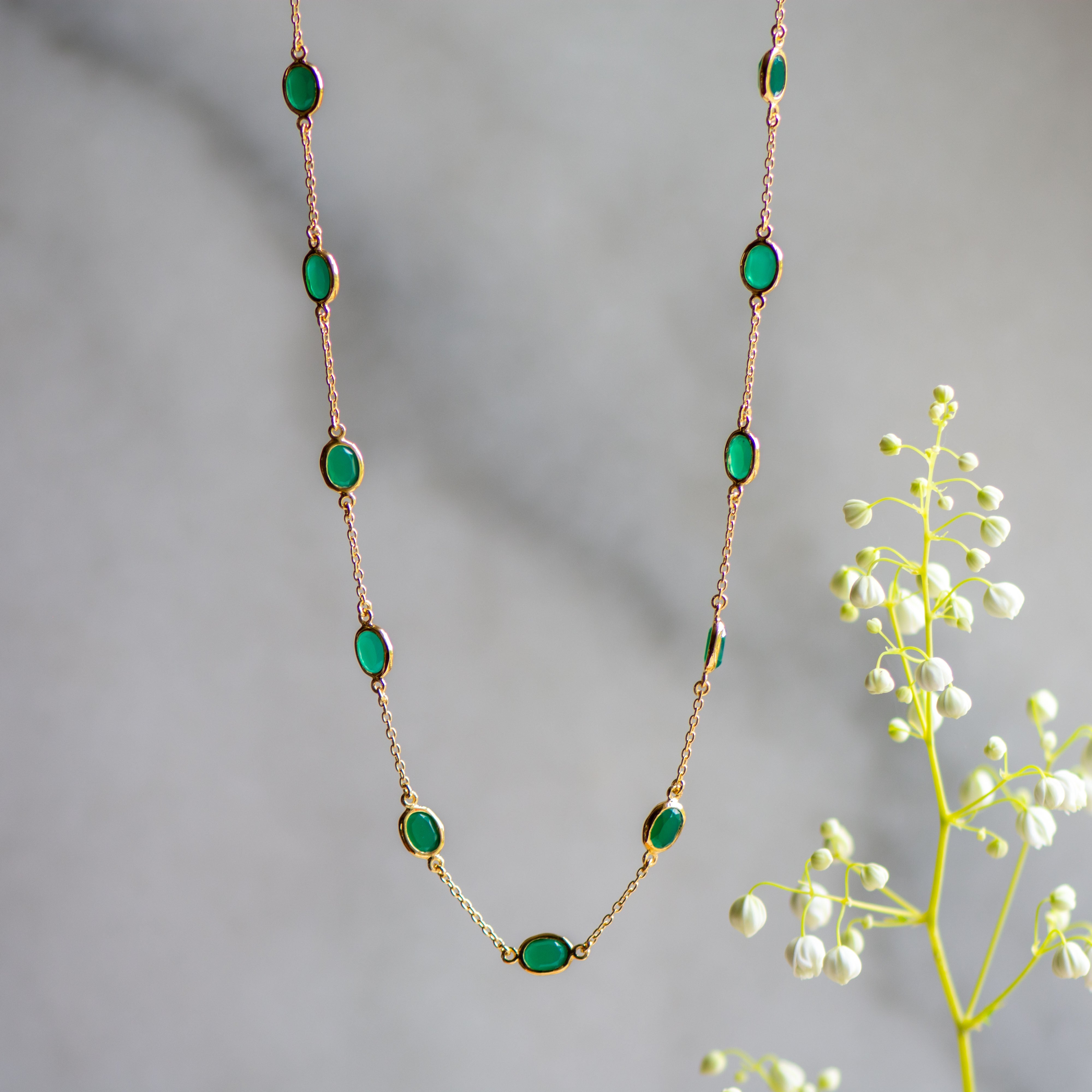 Marilyn Necklace and Cascade Earrings in Gold with Green Onyx