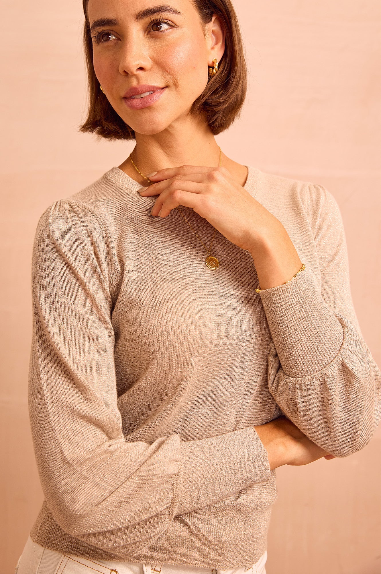 Metallic Knit Crew Neck Jumper | Gold