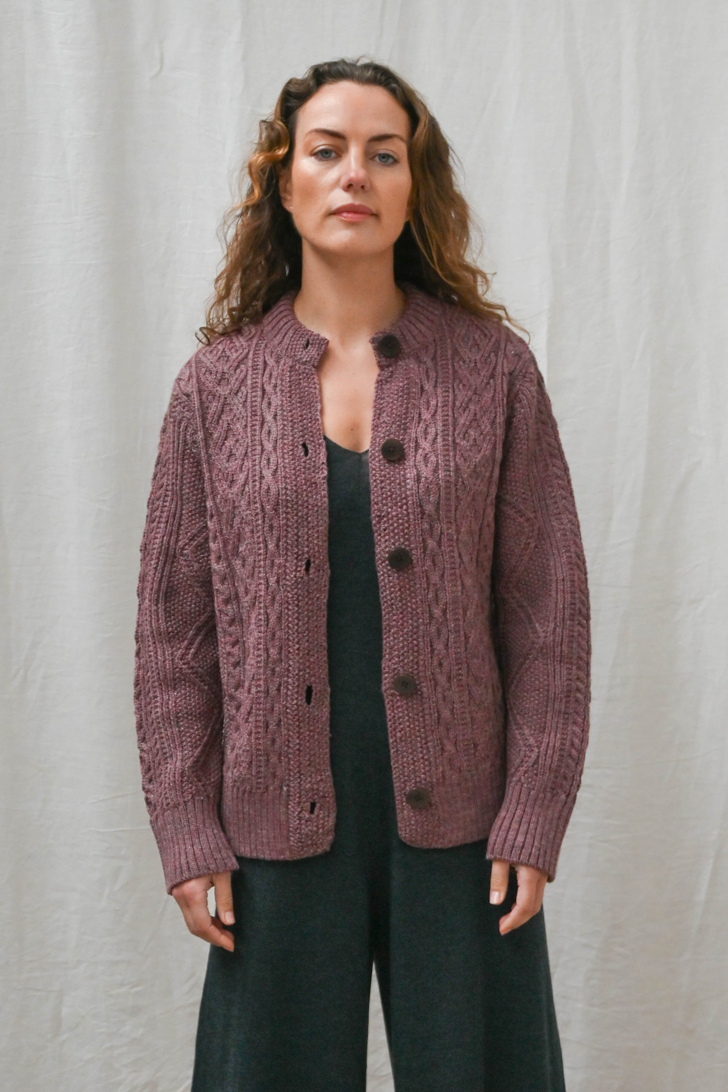 The Freyja British Wool Cable Cardigan in Calluna