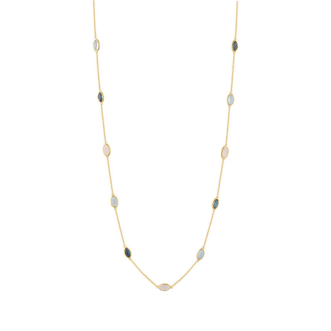 Lola Necklace in Gold With London Blue Topaz, Sky Blue Topaz and Rainbow Moonstone