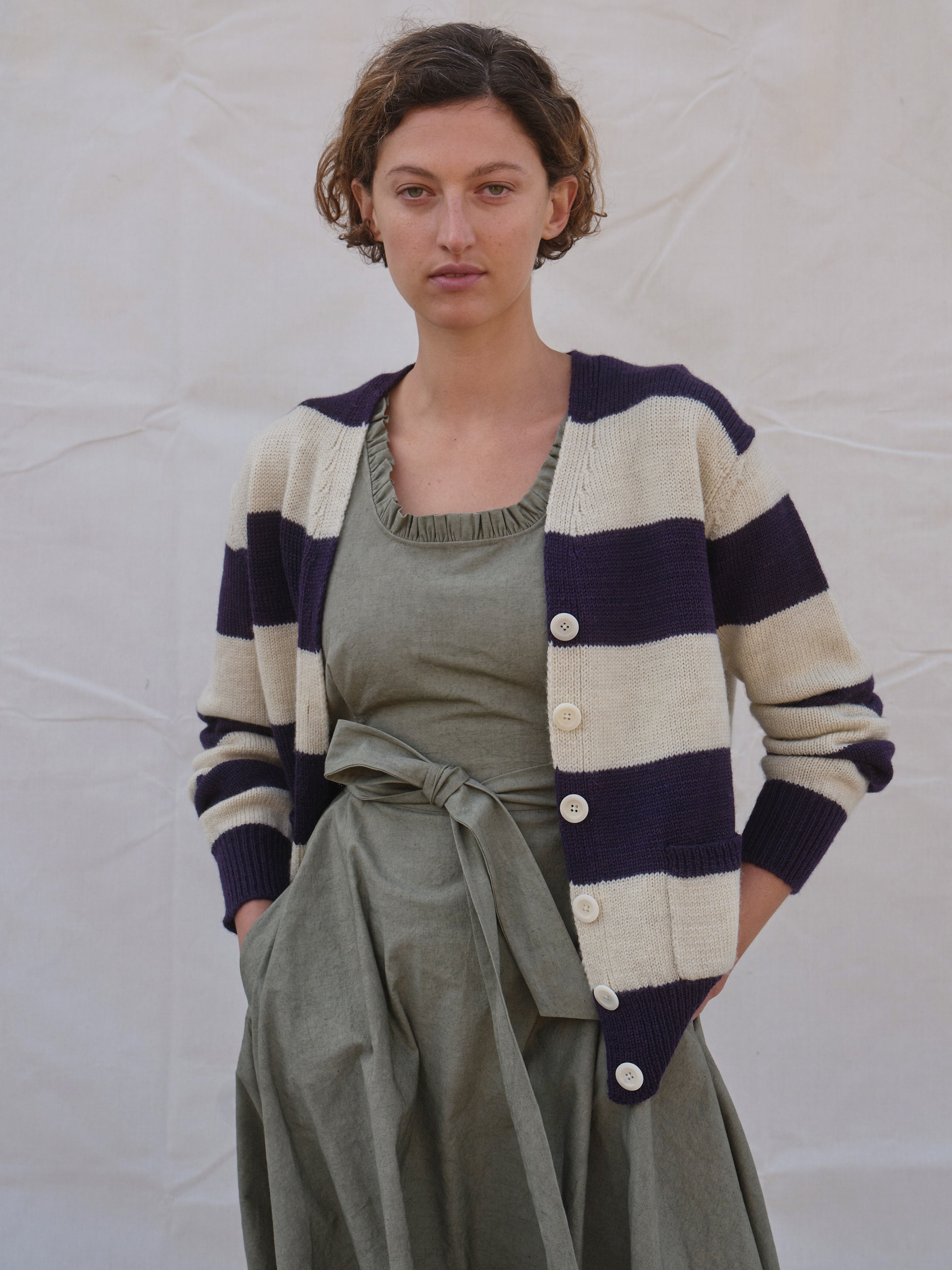 Pendle Cardigan in Damson & Ecru