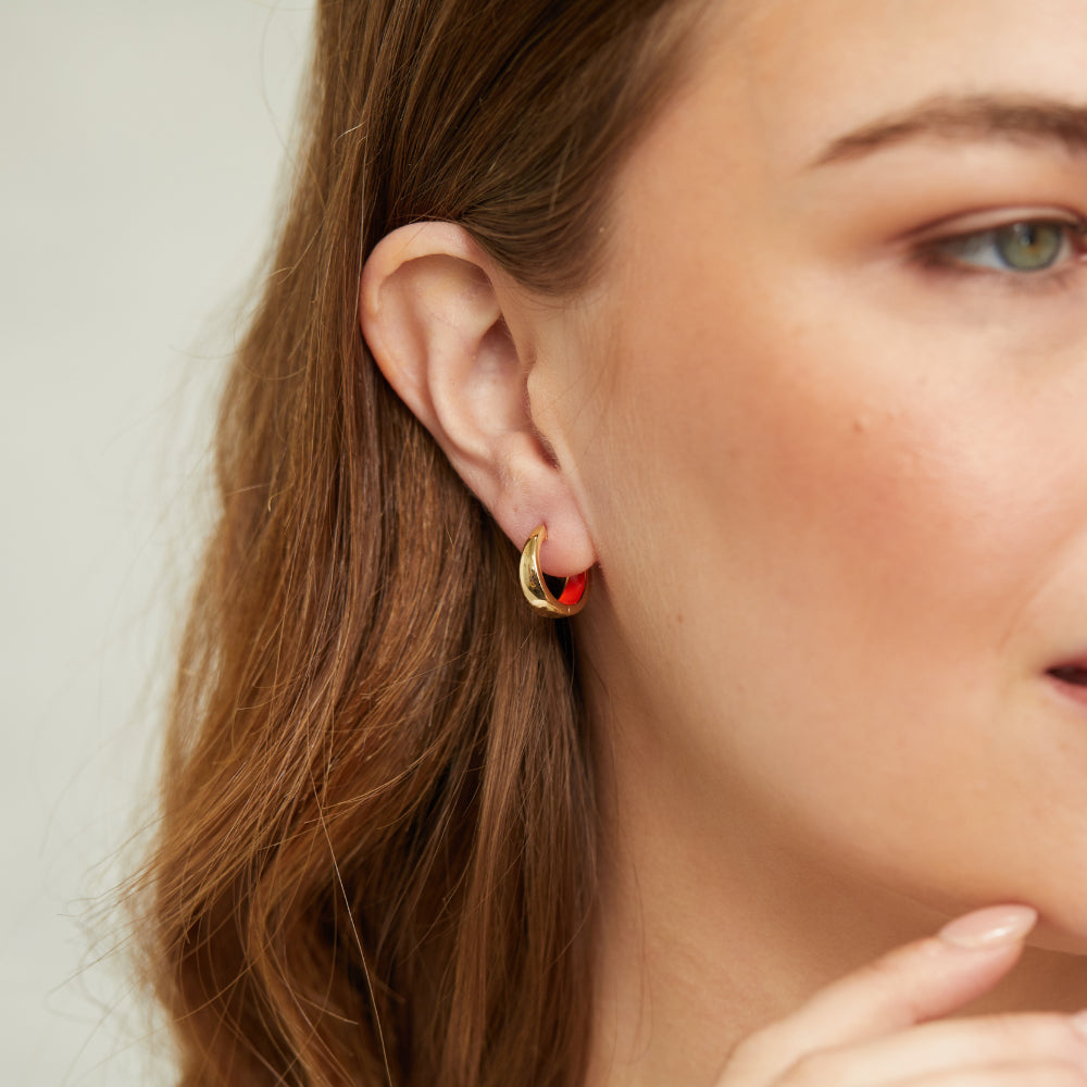 Havana Tomato Red Enamel and Gold Huggie Hoop Earrings