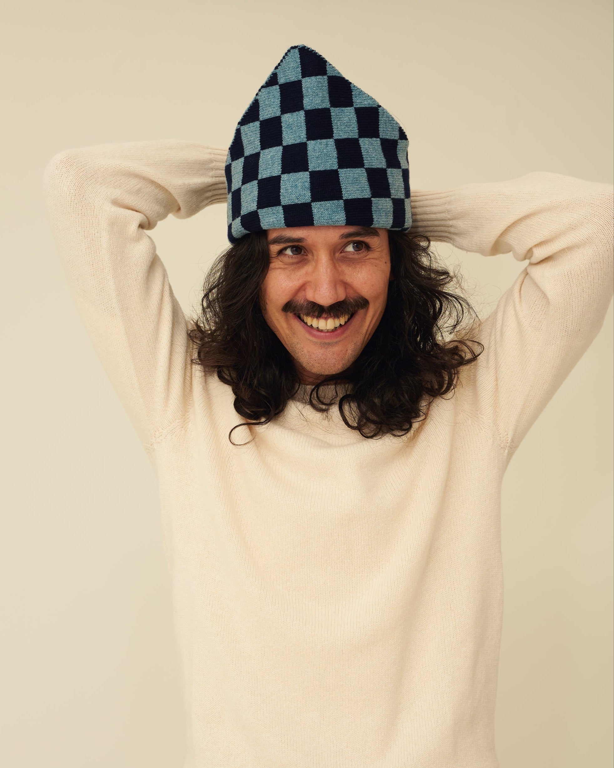 Checkerboard Merino Lambswool Neckerchief - Navy Blue & Helford Green
