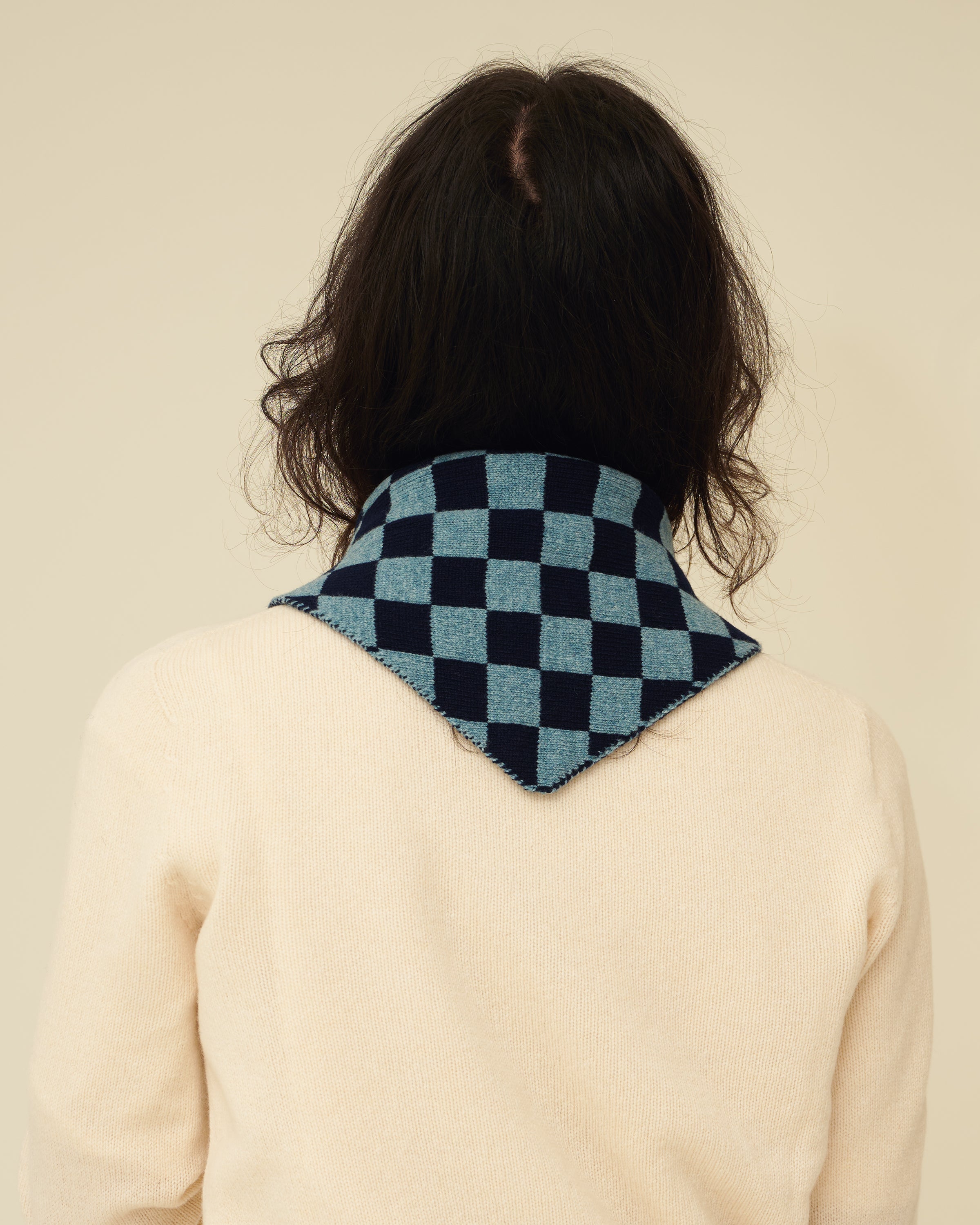 Checkerboard Merino Lambswool Neckerchief - Navy Blue & Helford Green