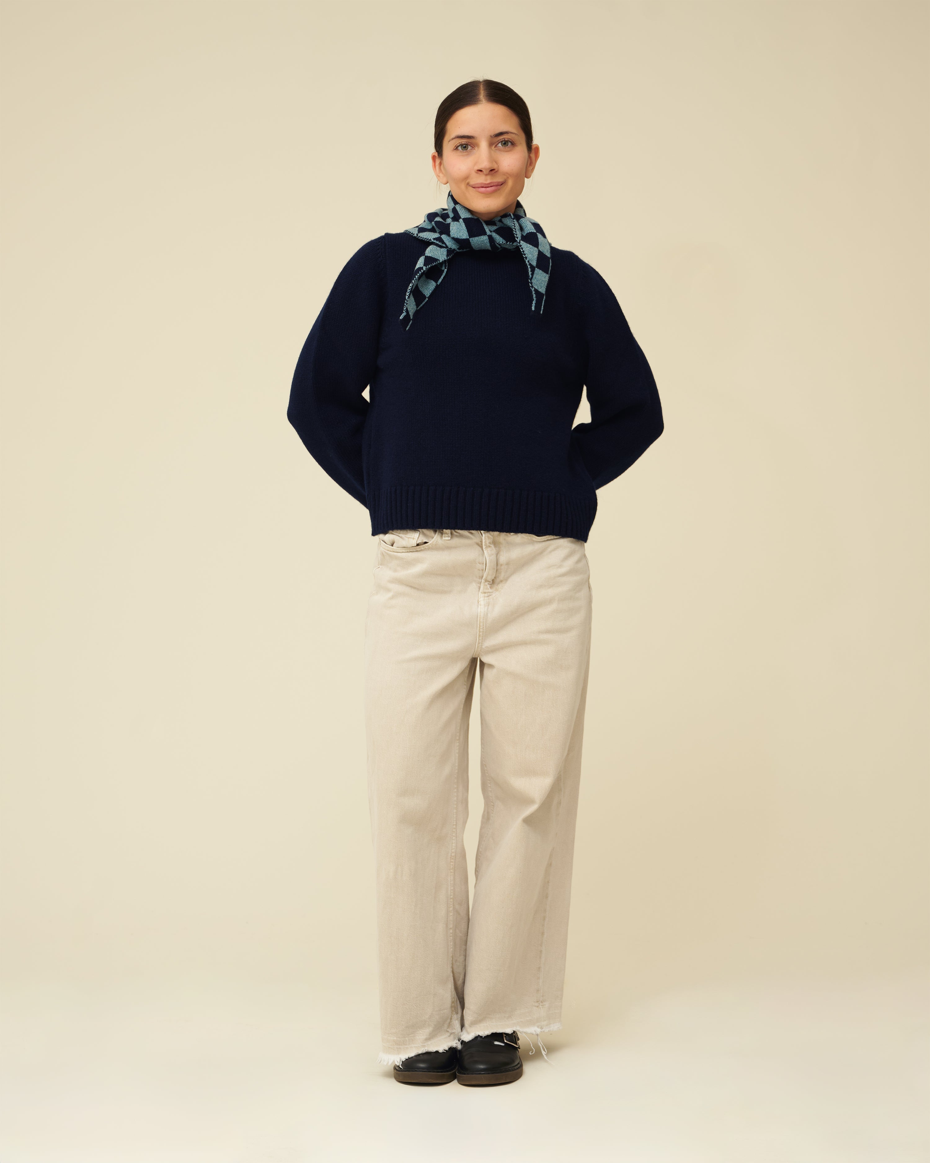 Checkerboard Merino Lambswool Neckerchief - Navy Blue & Helford Green