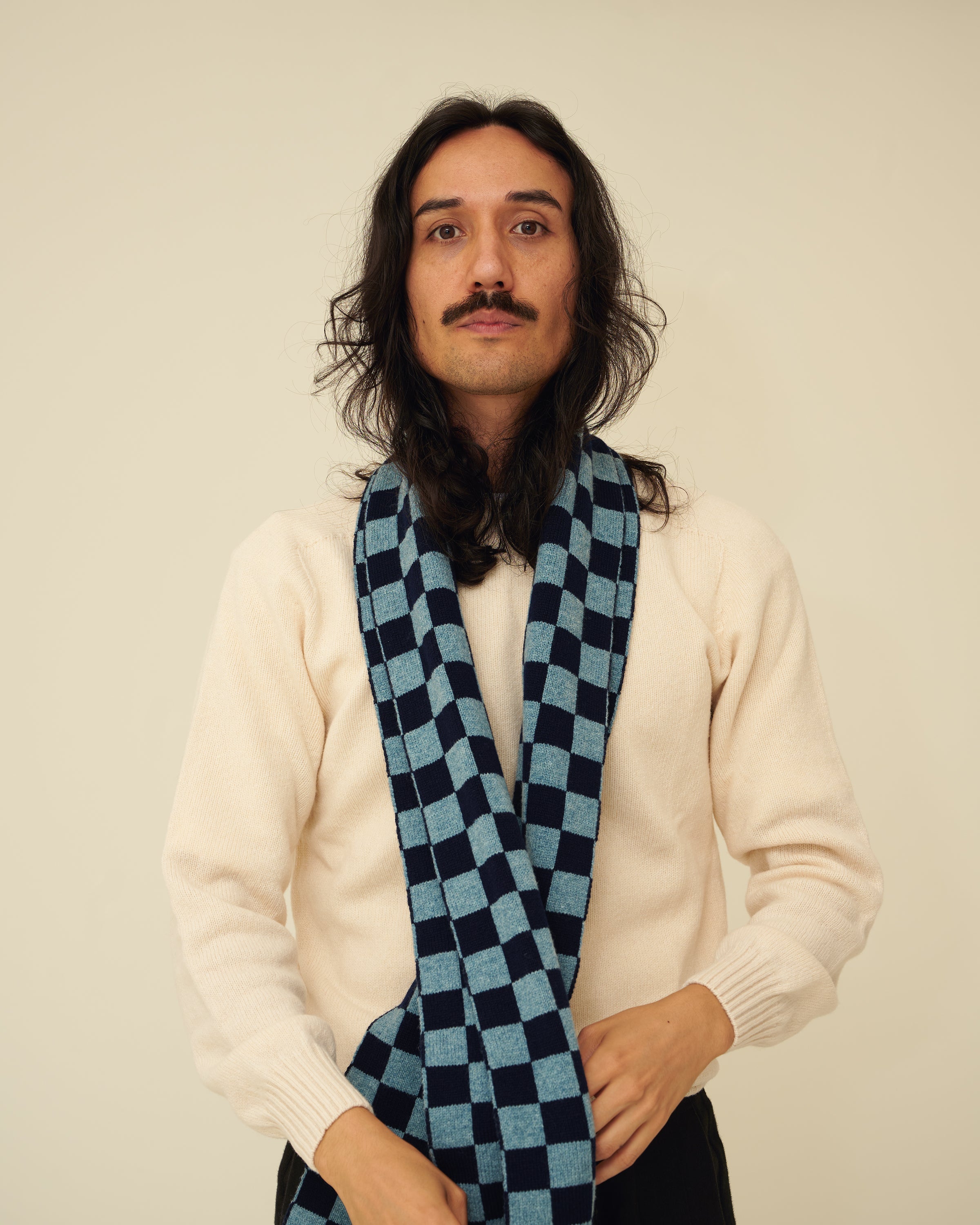 Checkerboard Merino Lambswool Scarf - Navy Blue & Helford Green (Knitted-to-Order)