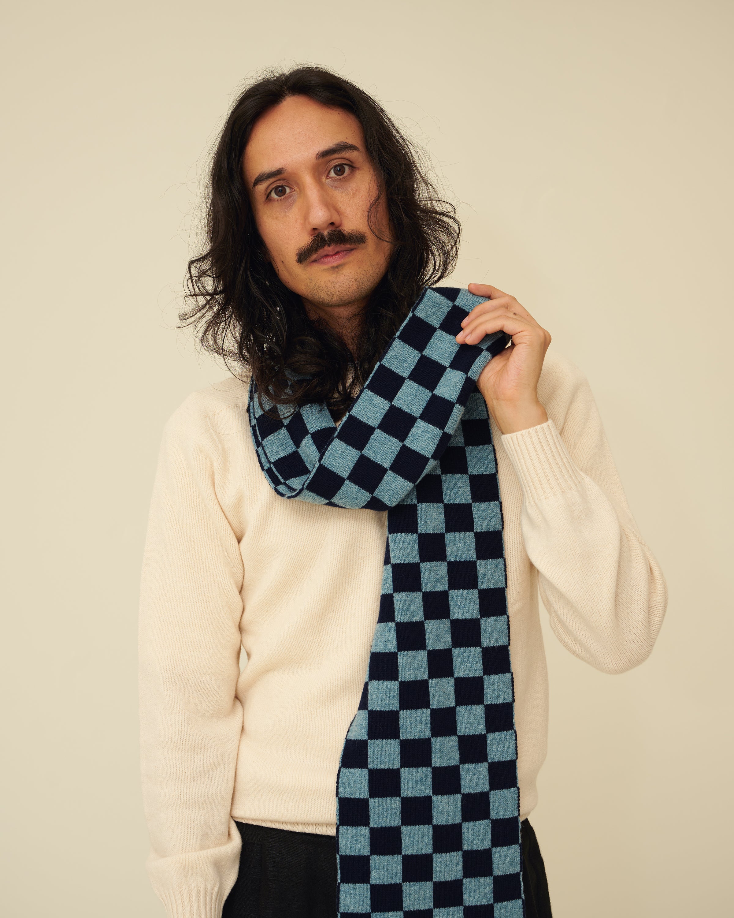 Checkerboard Merino Lambswool Scarf - Navy Blue & Helford Green (Knitted-to-Order)