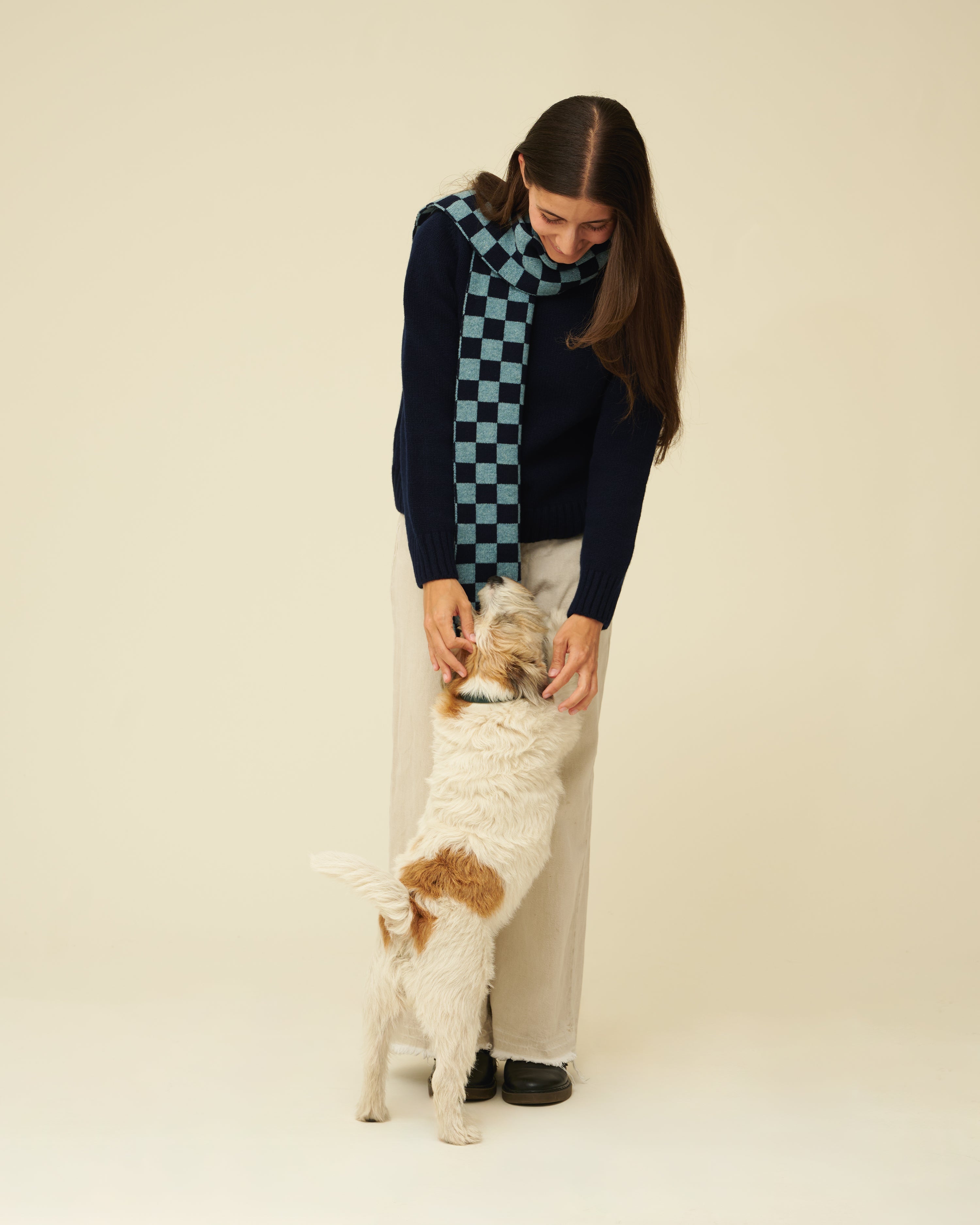 Checkerboard Merino Lambswool Scarf - Navy Blue & Helford Green