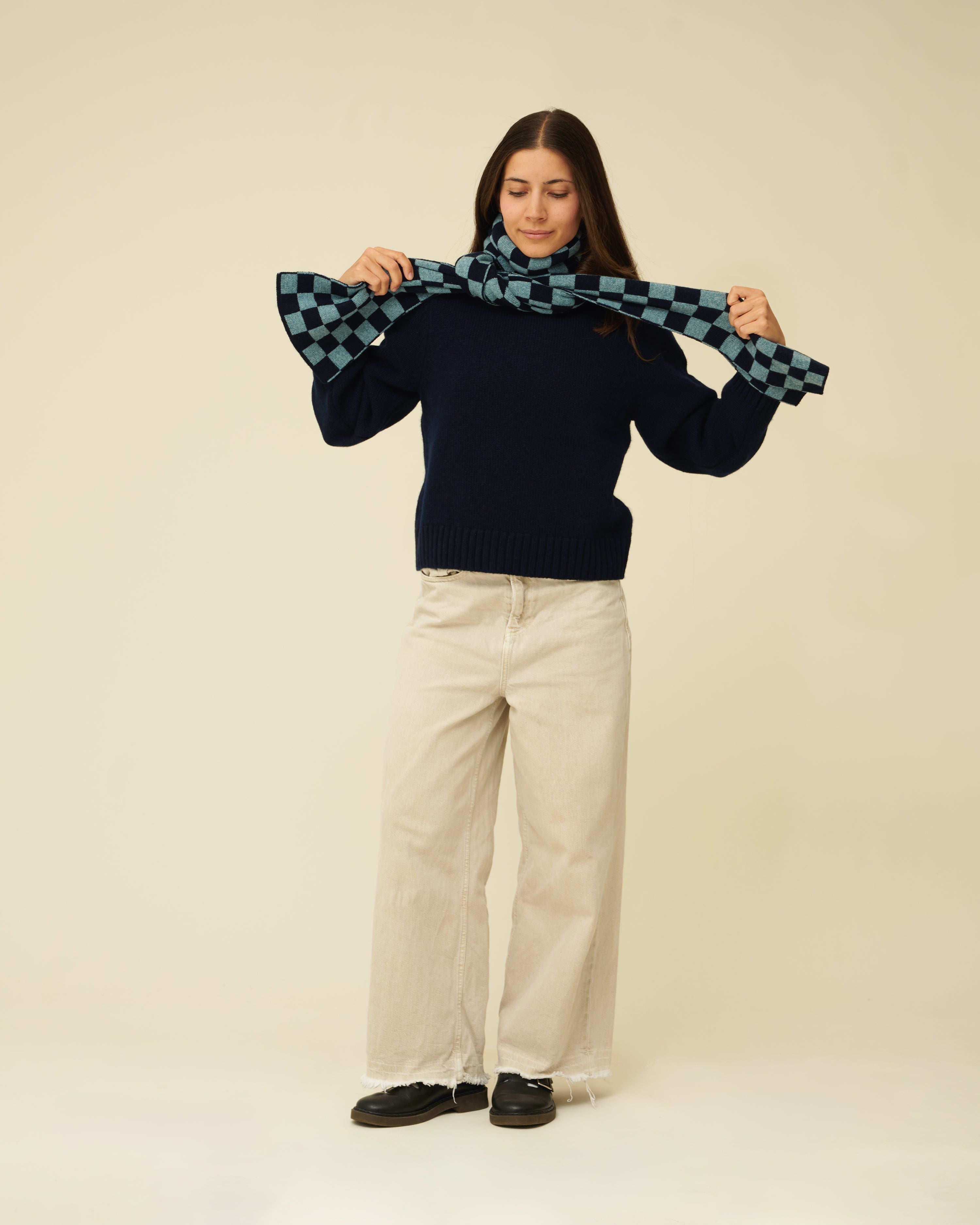 Checkerboard Merino Lambswool Scarf - Navy Blue & Helford Green
