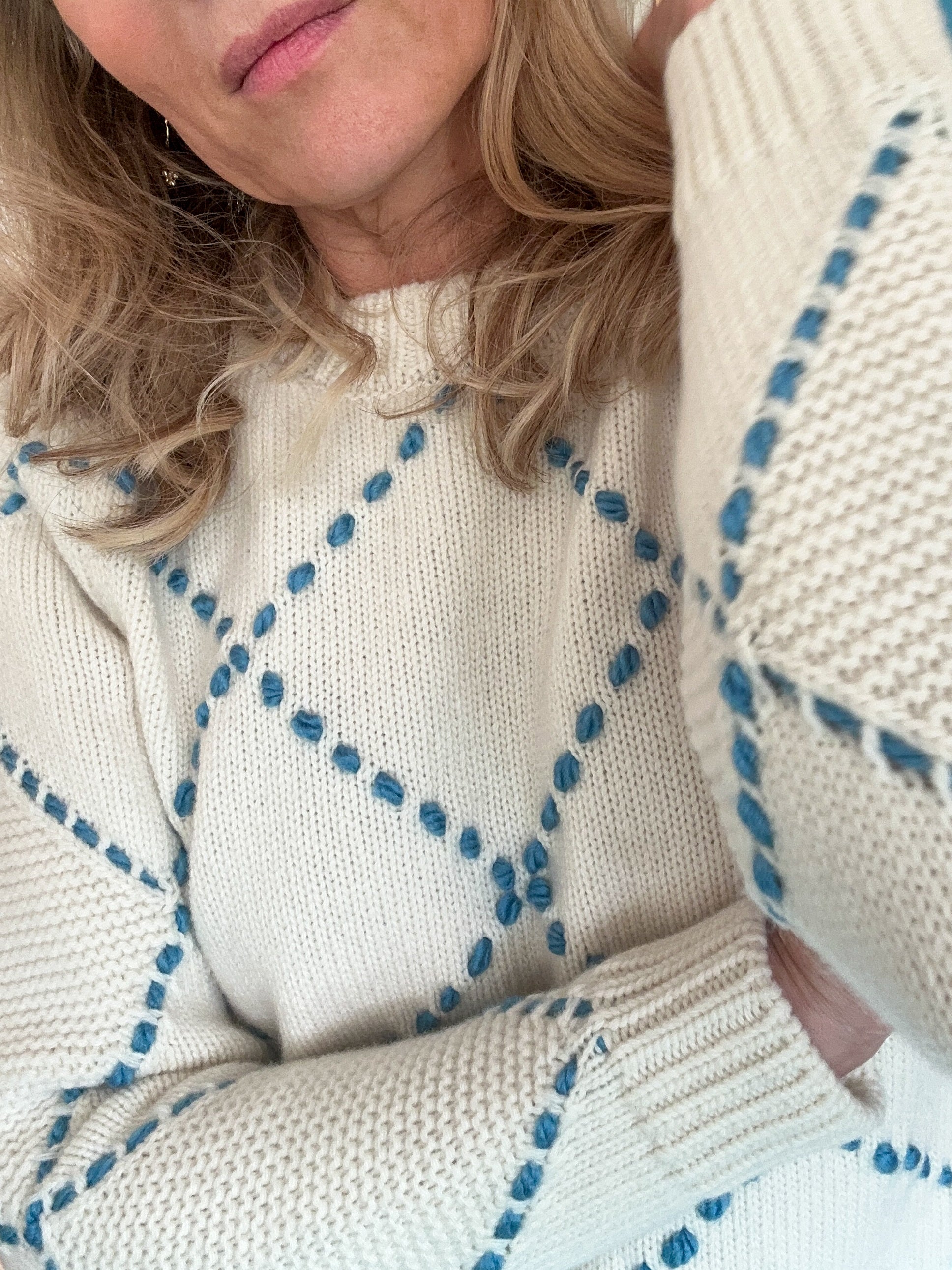 Diamond Stitch Sweater - Cream/Denim Blue