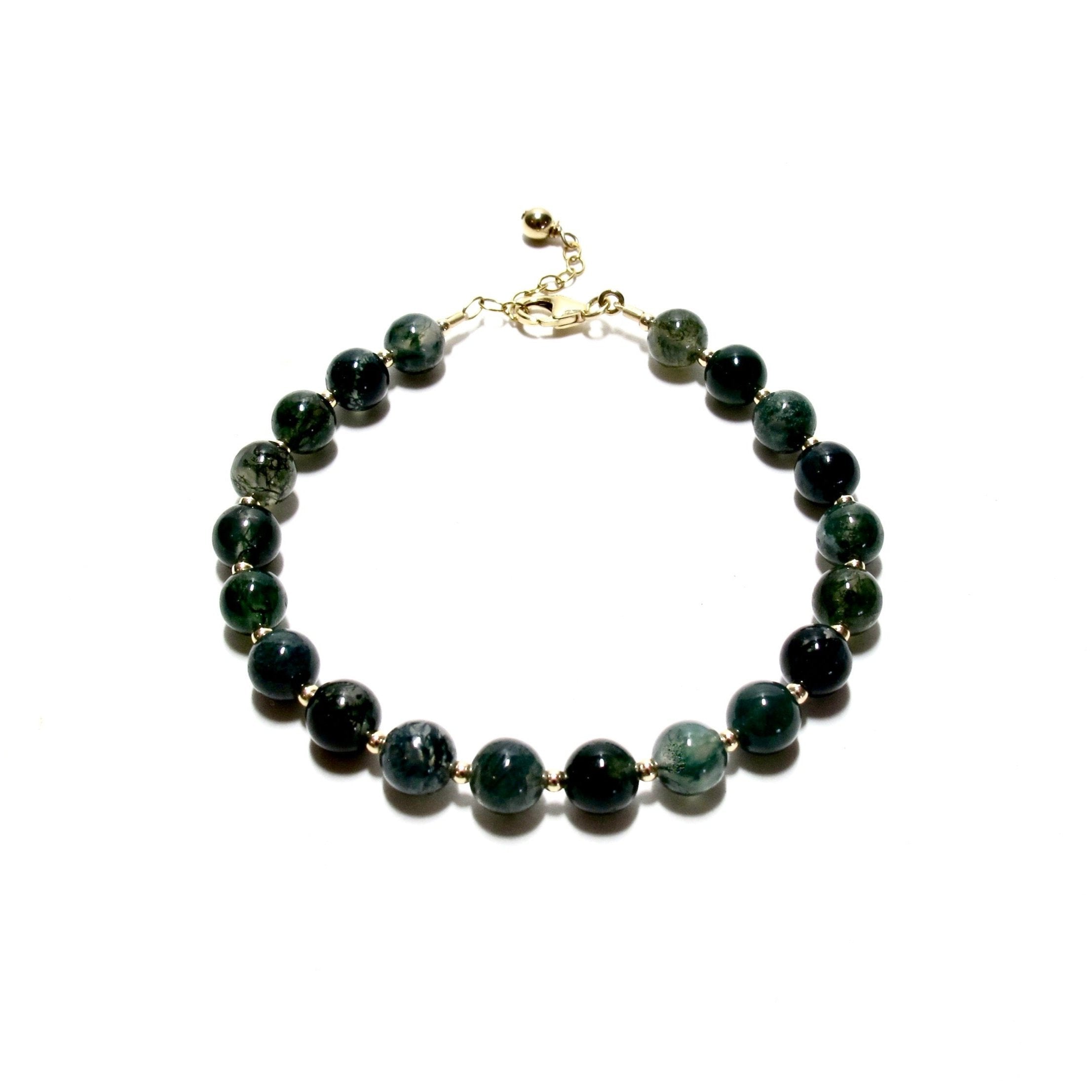 Moss Agate Bubblegum and Gold Bead Bracelet