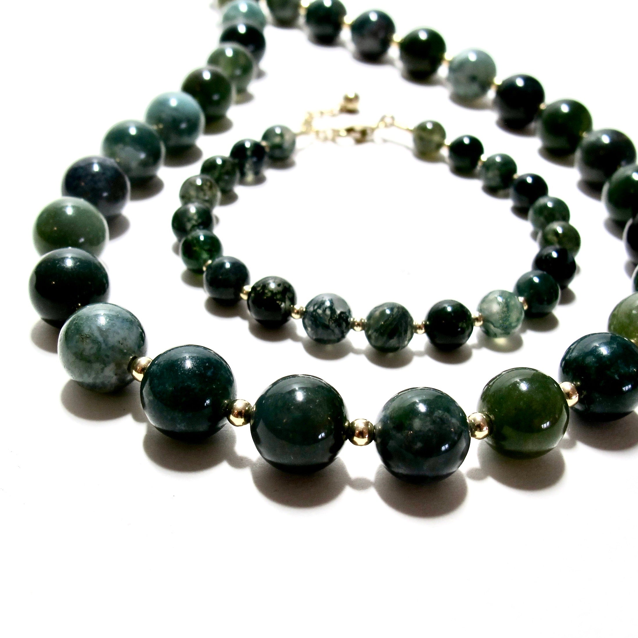 Chunky Moss Agate Bubblegum and Gold Beads Necklace