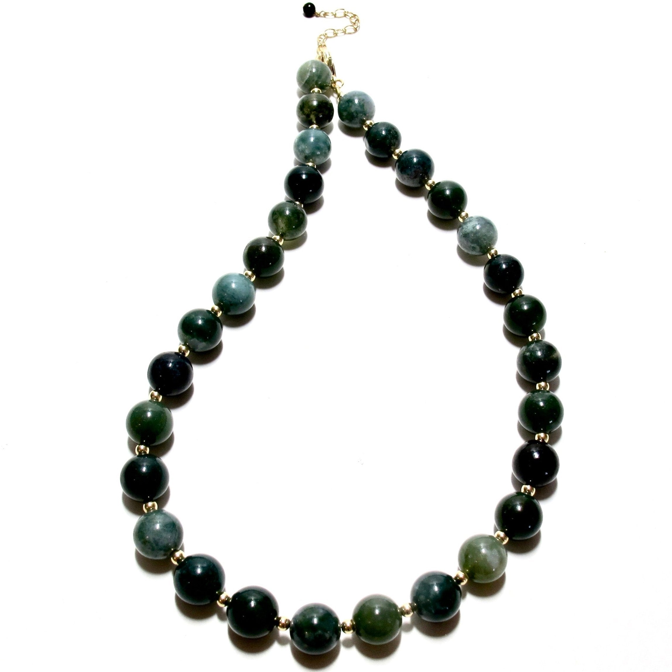 Chunky Moss Agate Bubblegum and Gold Beads Necklace