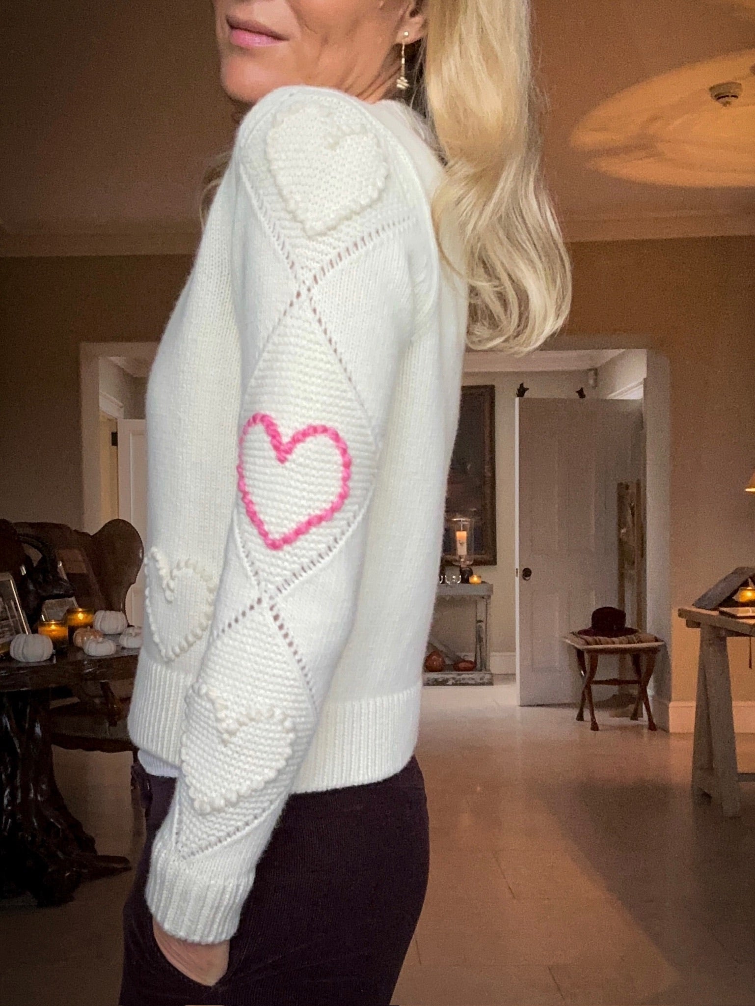 Bobble Stitch Heart Sweater - Cream