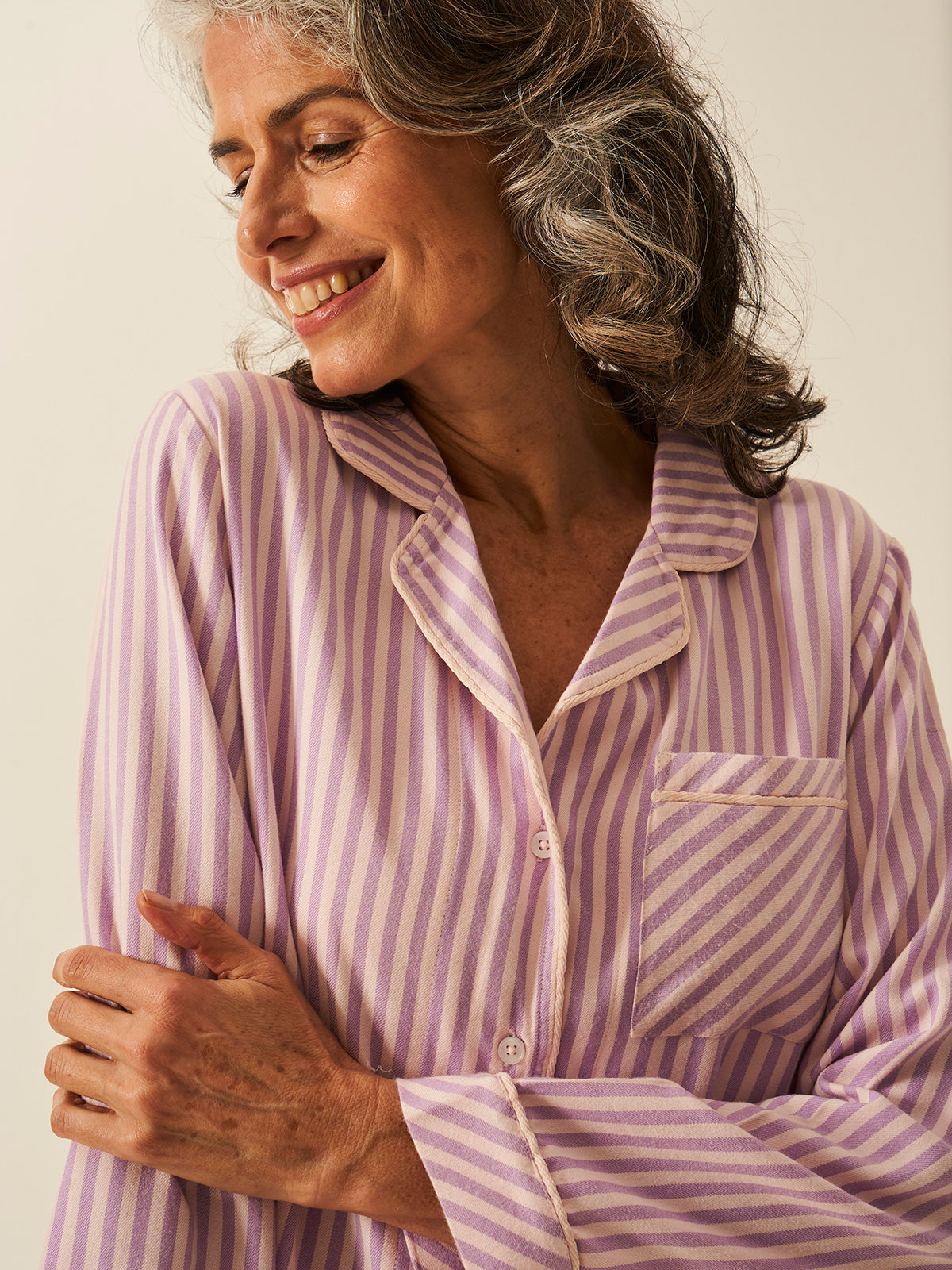 Soft Brushed Woven Pyjama Top -  Lavender Haze Stripe