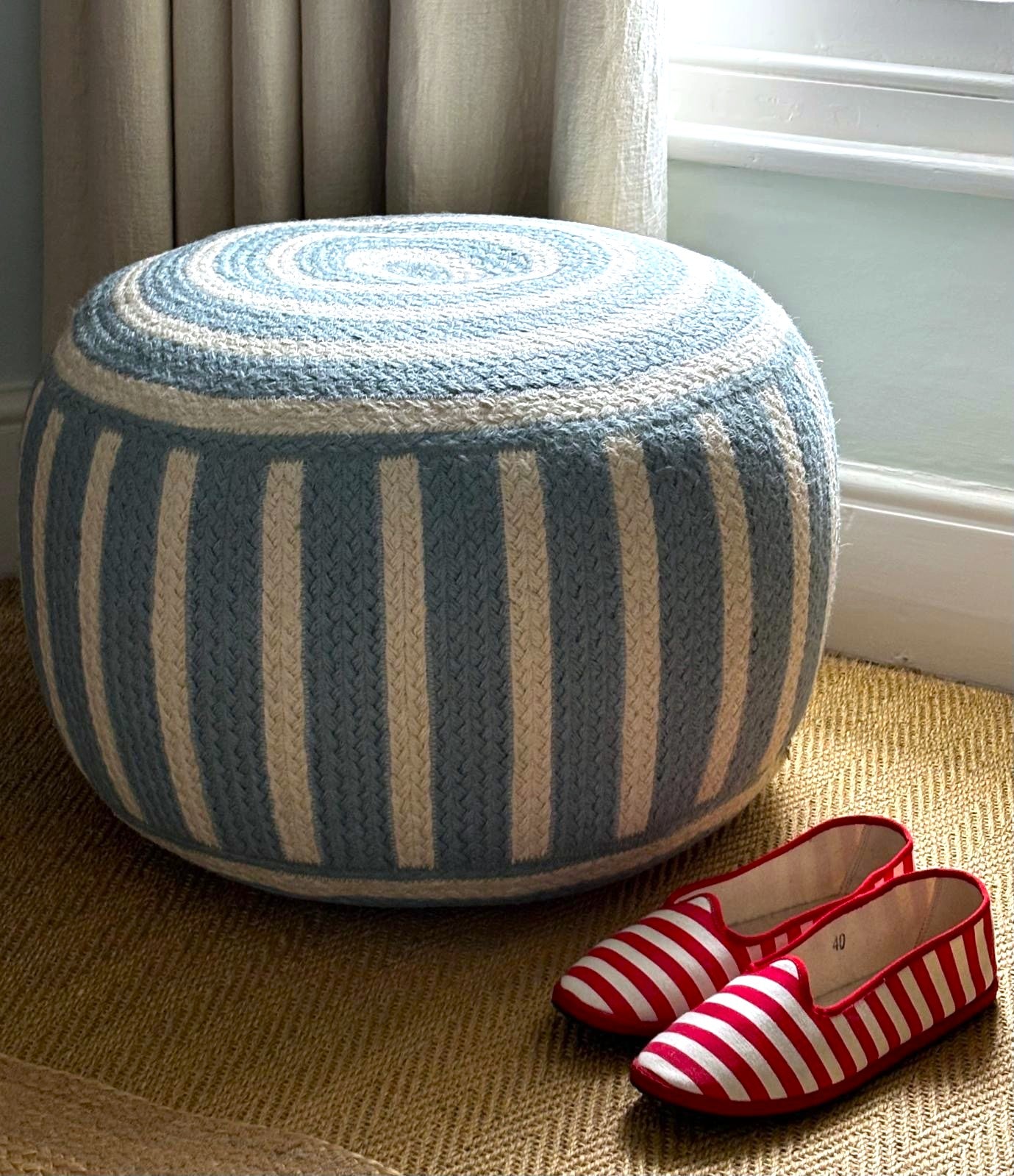 Light Blue Jute Pouffe Small
