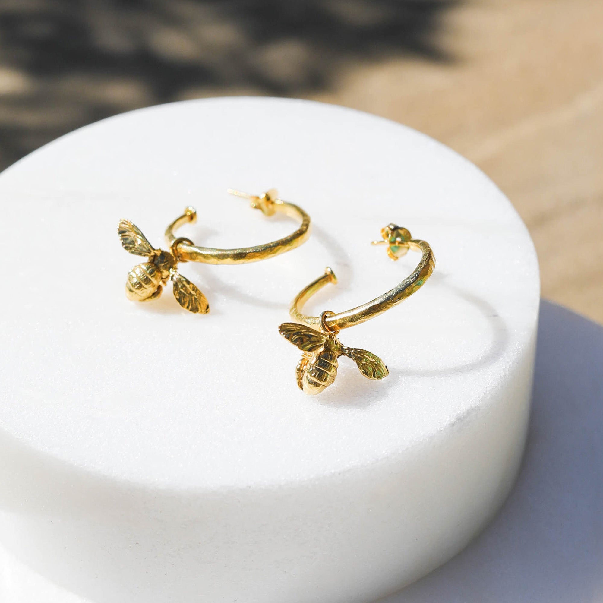 Gold Little Bee Hammered Hoop Earrings