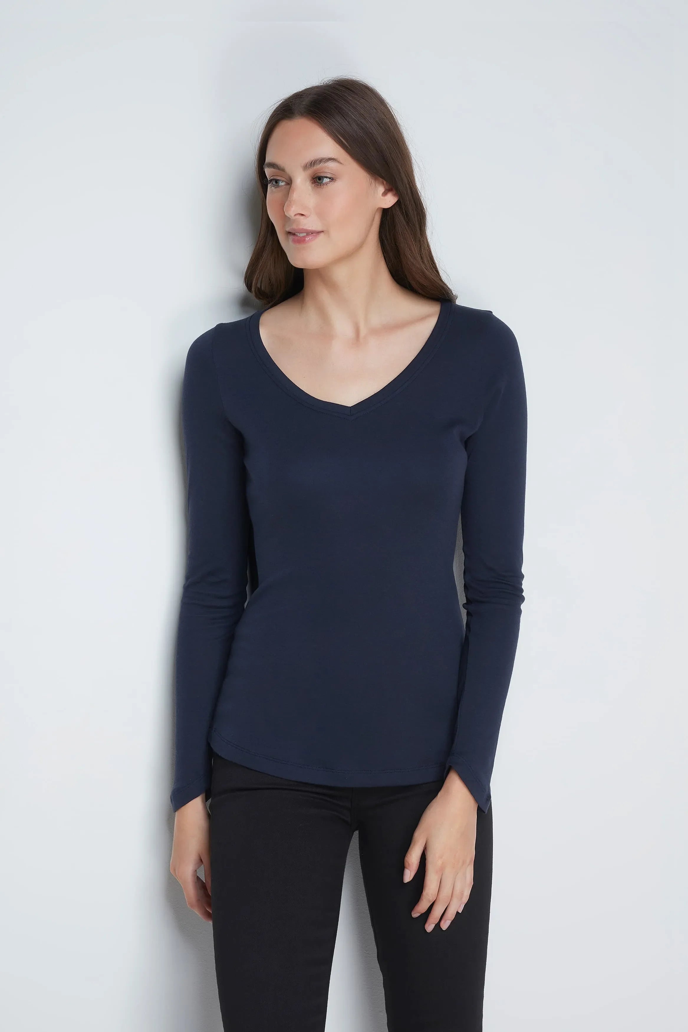 Long Sleeve v Neck Cotton Modal Blend T-Shirt