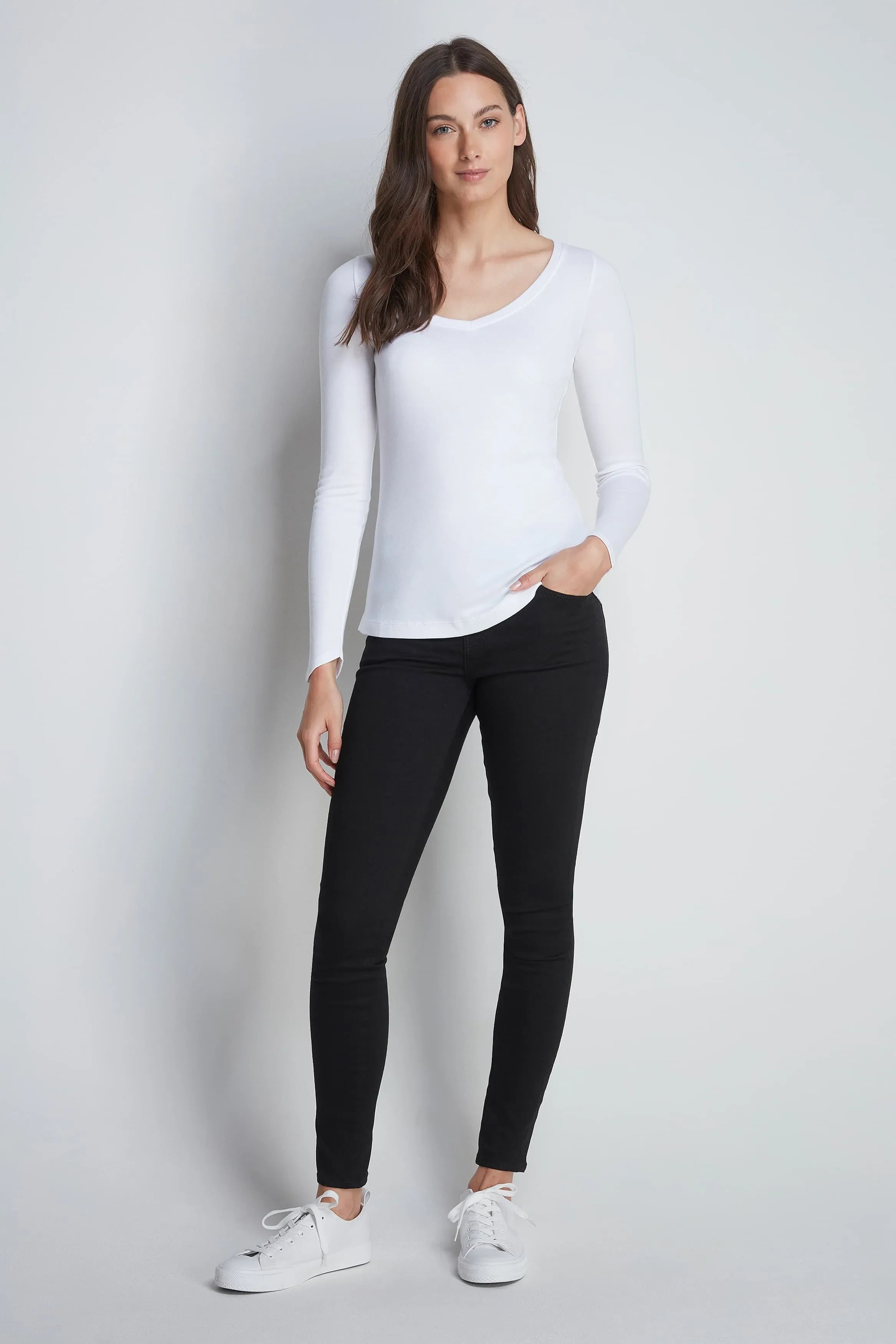 Long Sleeve v Neck Cotton Modal Blend T-Shirt