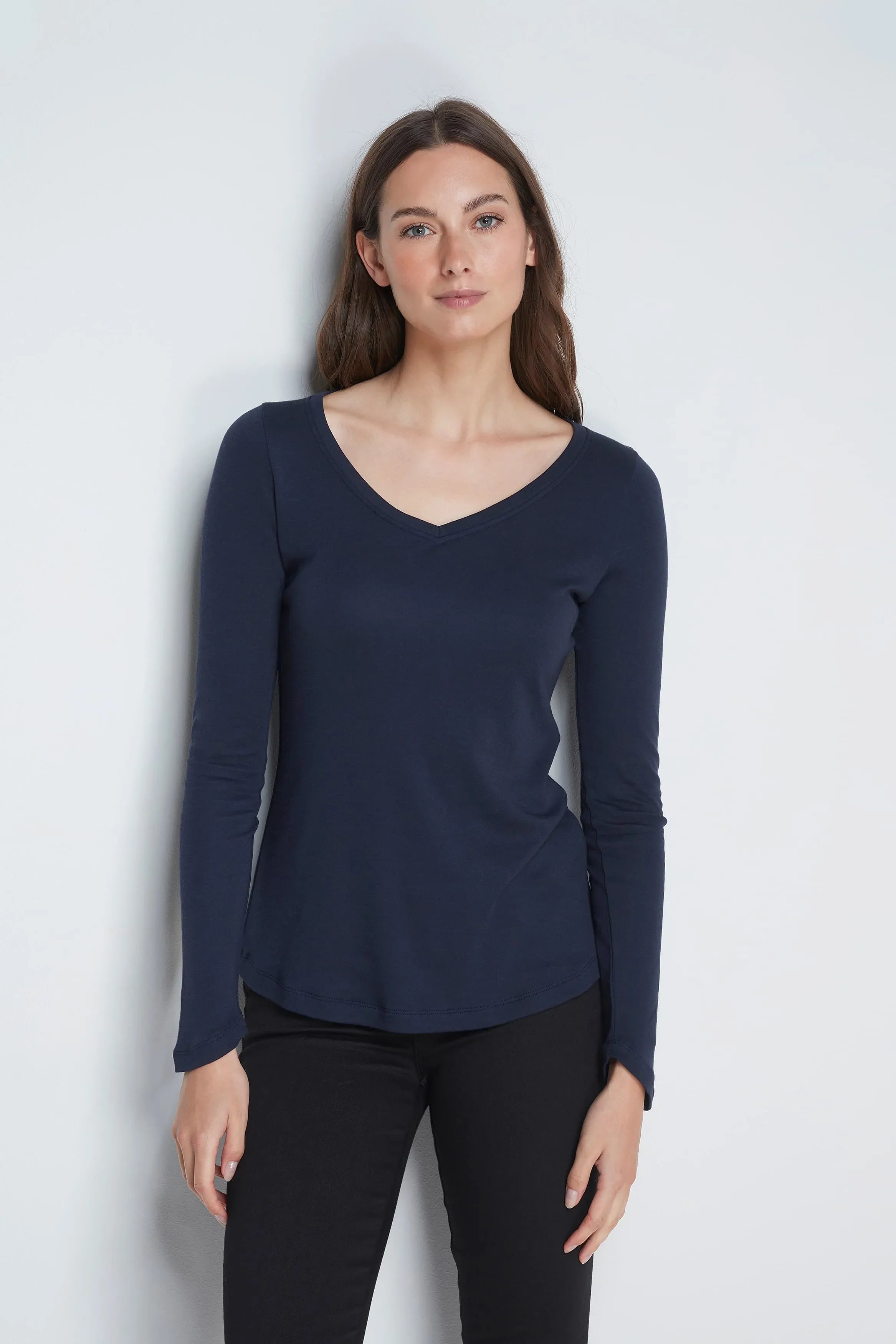 Long Sleeve v Neck Cotton Modal Blend T-Shirt