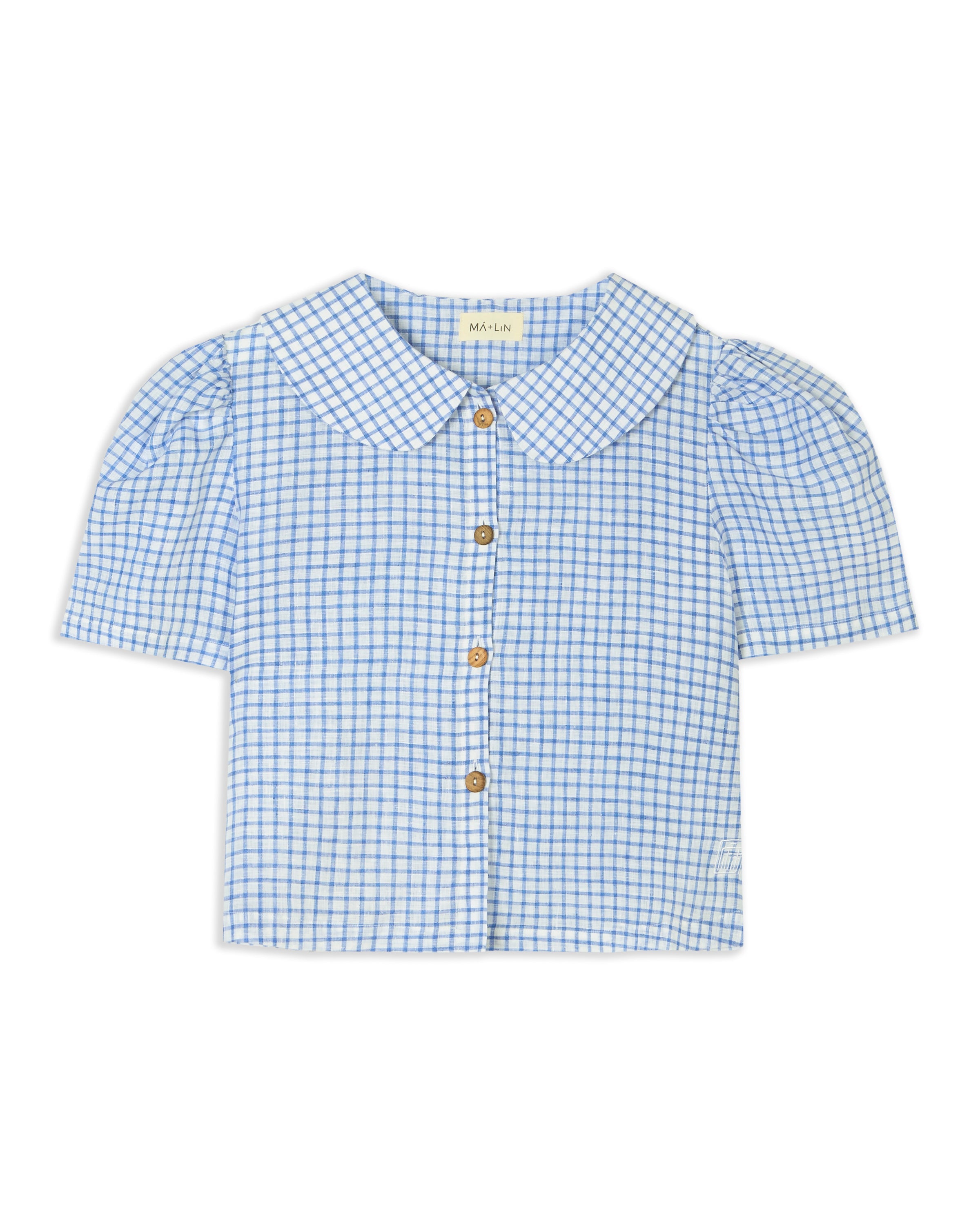 Frances Linen Cropped Blouse  - Royal Blue Gingham - On Pre-Order for End of September Delivery