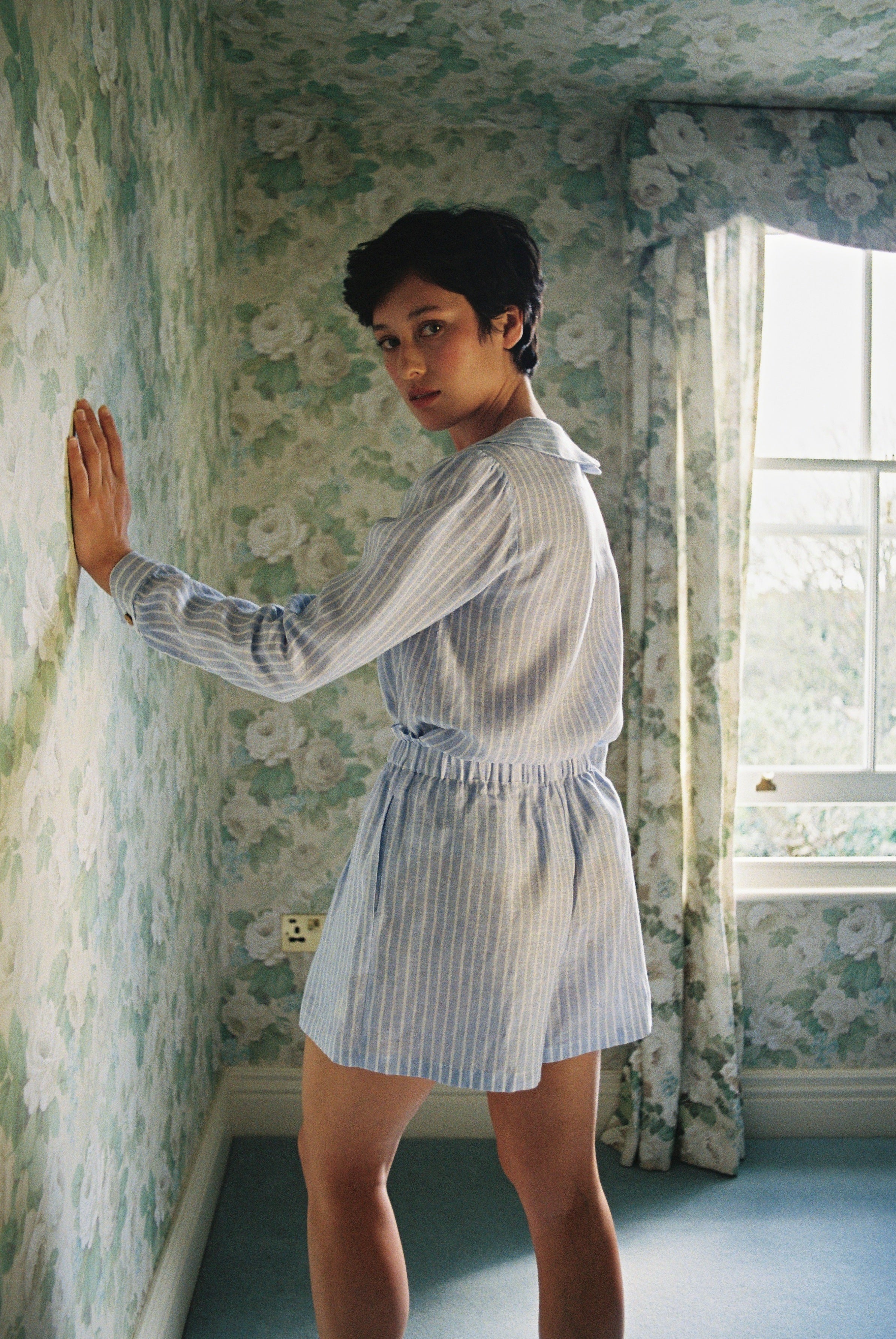 Olivia Linen Shorts - Baby Blue Stripe