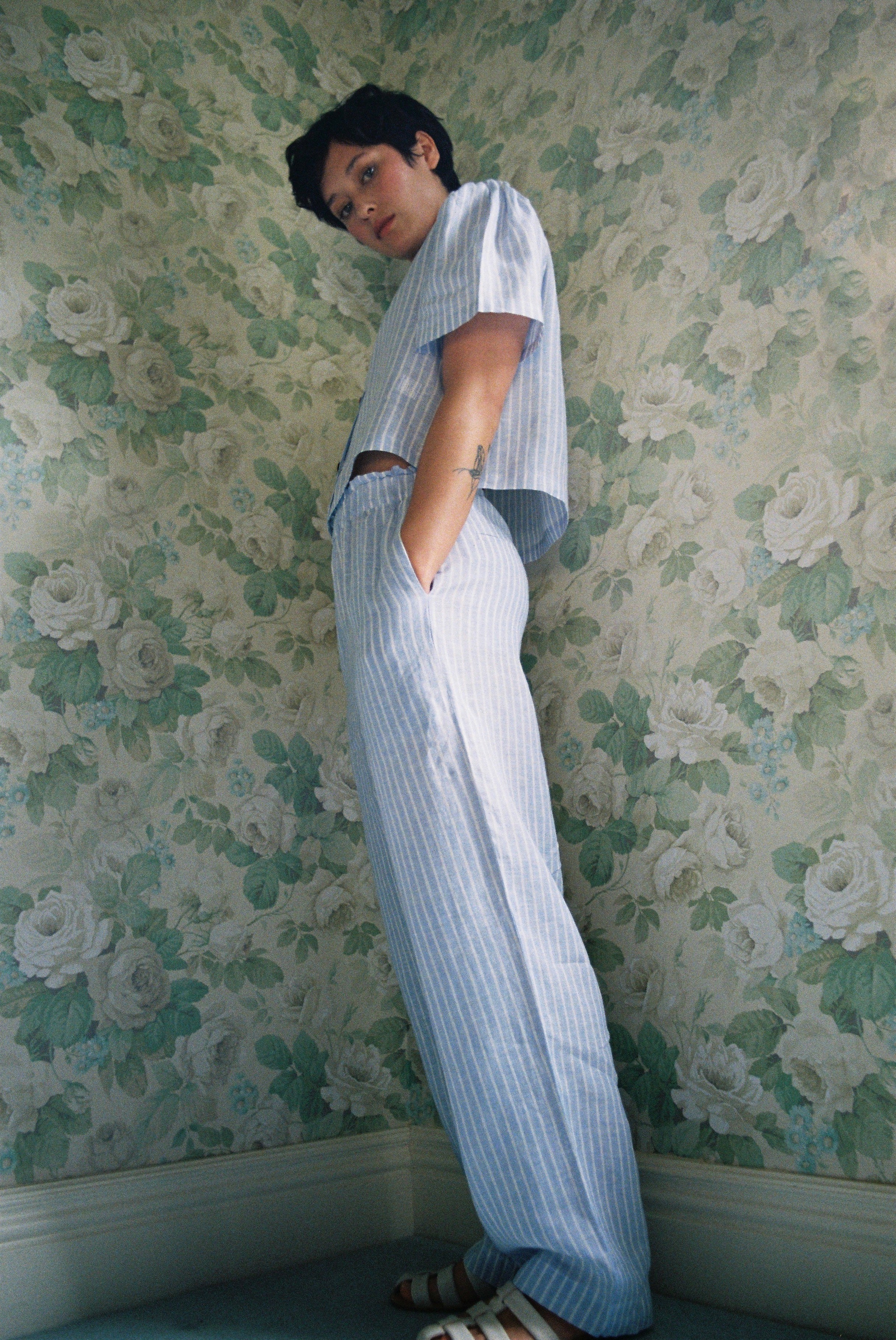 Maya Linen Trousers - Baby Blue Stripe