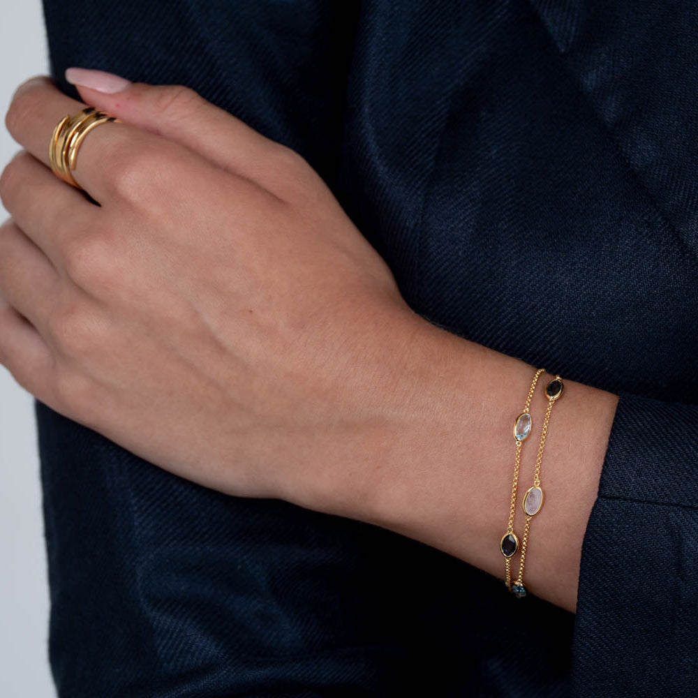 Lola Bracelet in Gold With London Blue Topaz, Sky Blue Topaz and Rainbow Moonstone