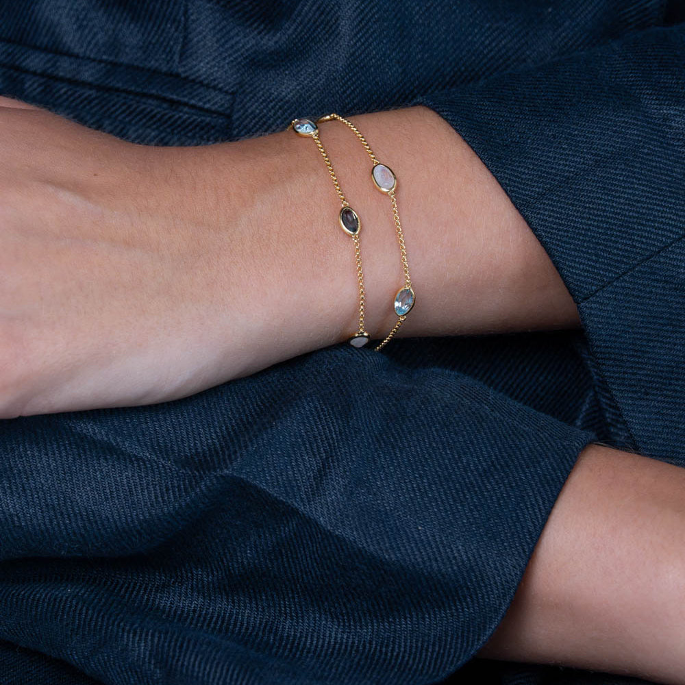 Lola Bracelet in Gold With London Blue Topaz, Sky Blue Topaz and Rainbow Moonstone