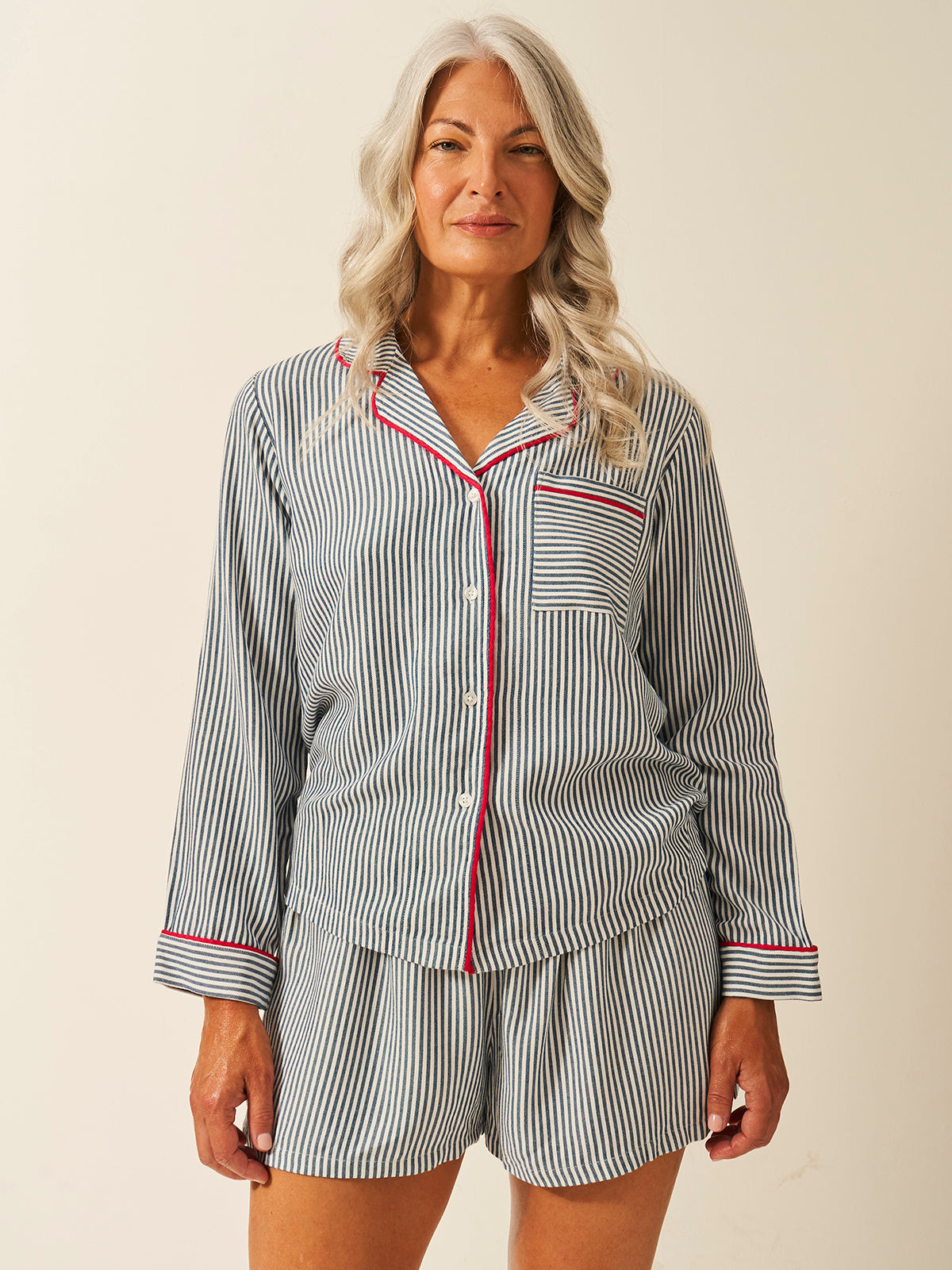 Soft Brushed Woven Pyjama Top - Midnight Stripe