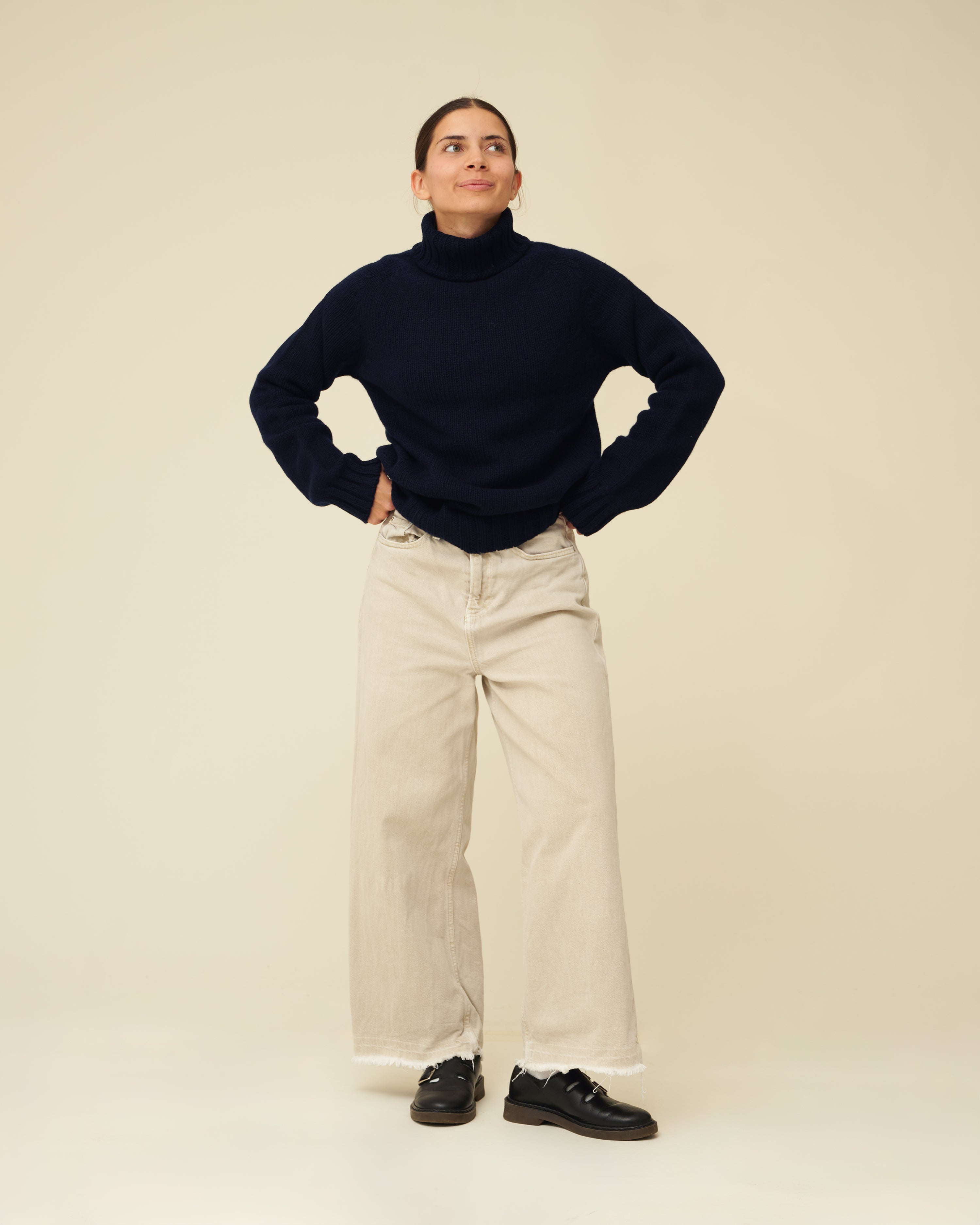 Chunky Merino Lambswool Roll Neck - Navy Blue