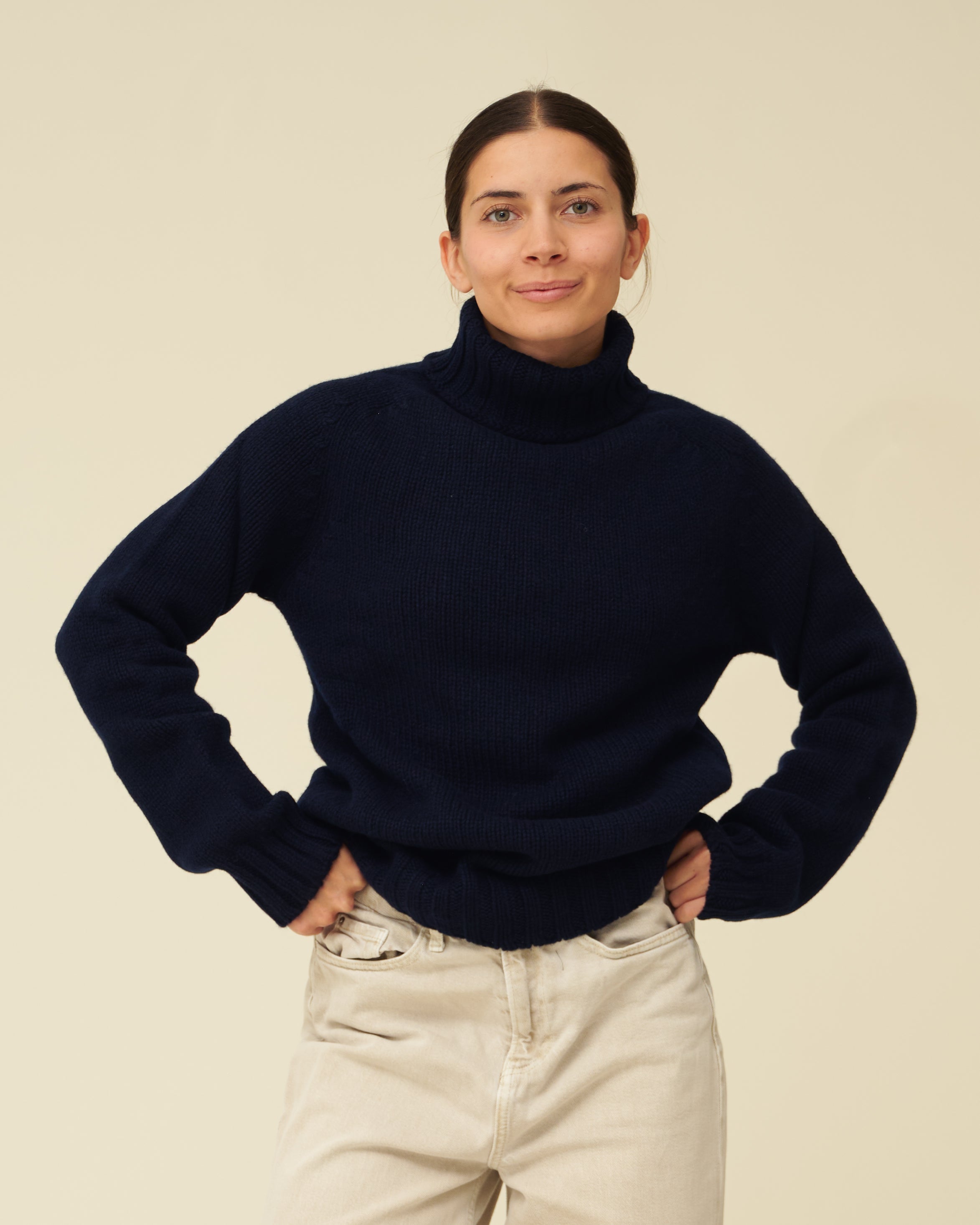 Chunky Merino Lambswool Roll Neck - Navy Blue