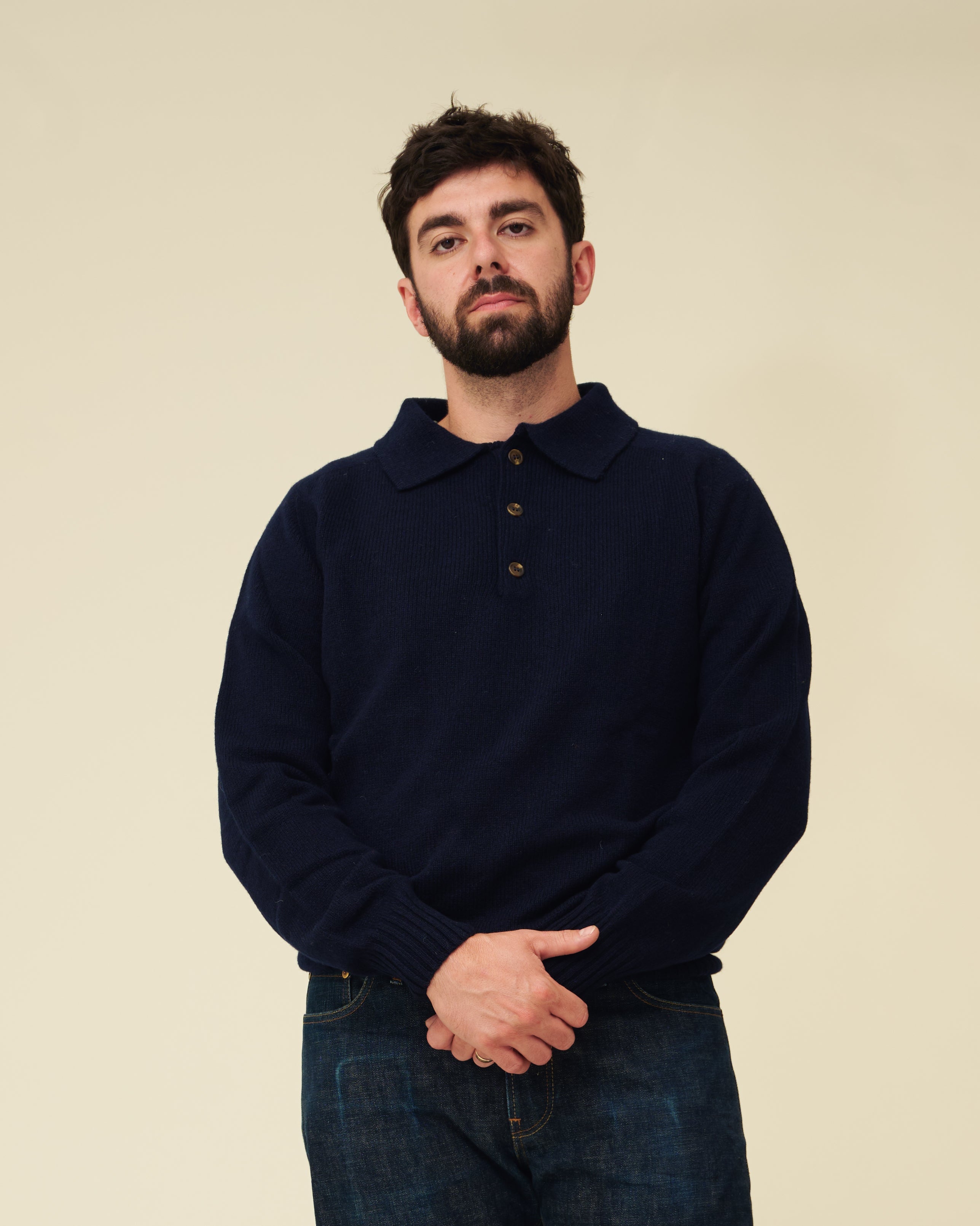 Merino Lambswool Rugby Jumper - Navy Blue (Knitted-to-Order)