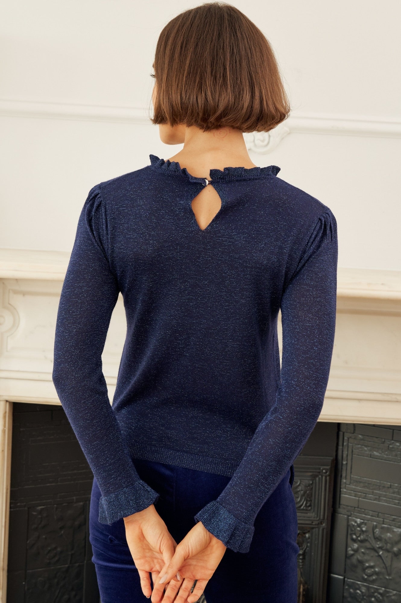 Metallic Knit Frill Neck Jumper | Navy