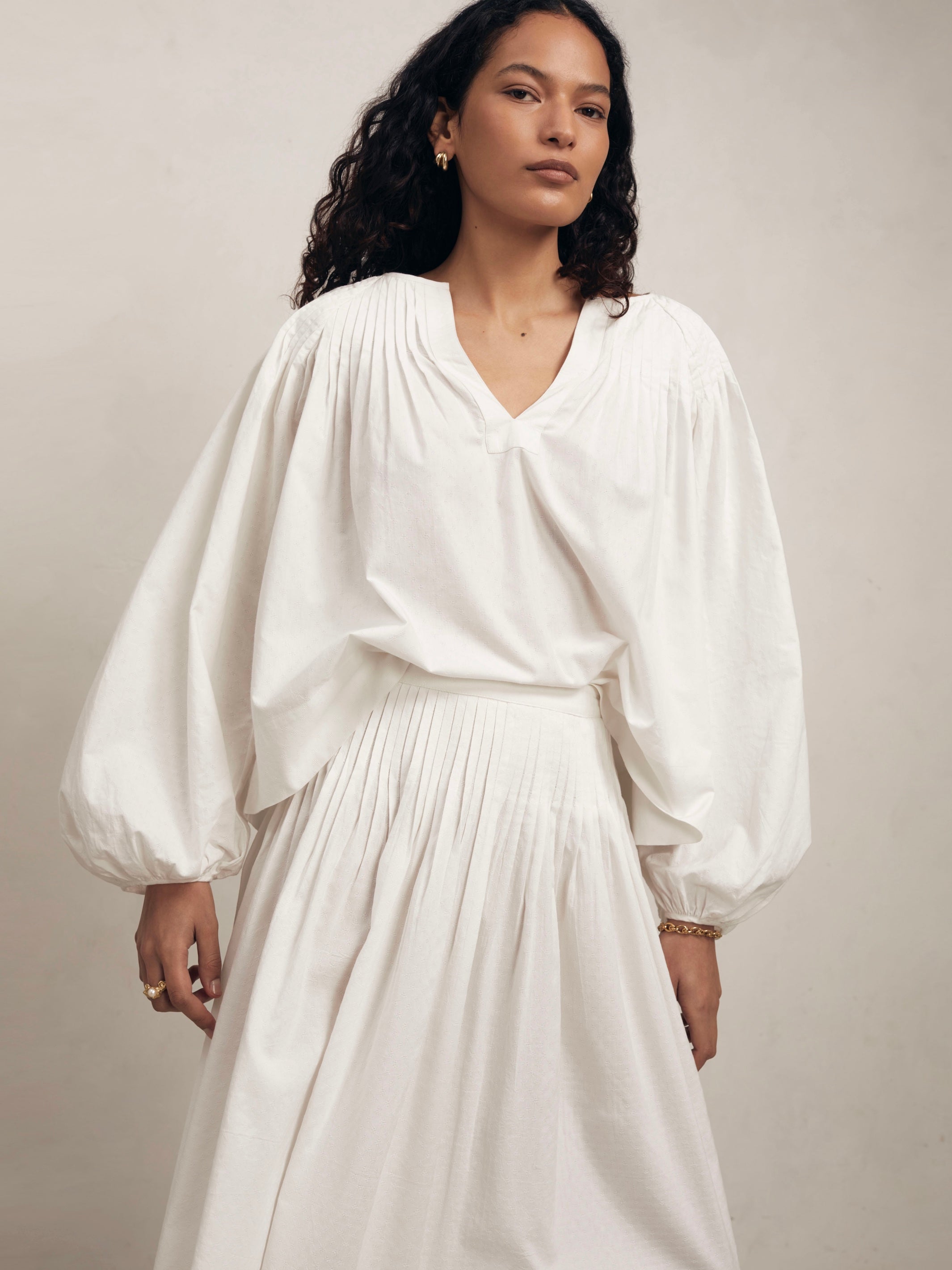 Pleated Elizabeth - White Dot Cotton Blouse
