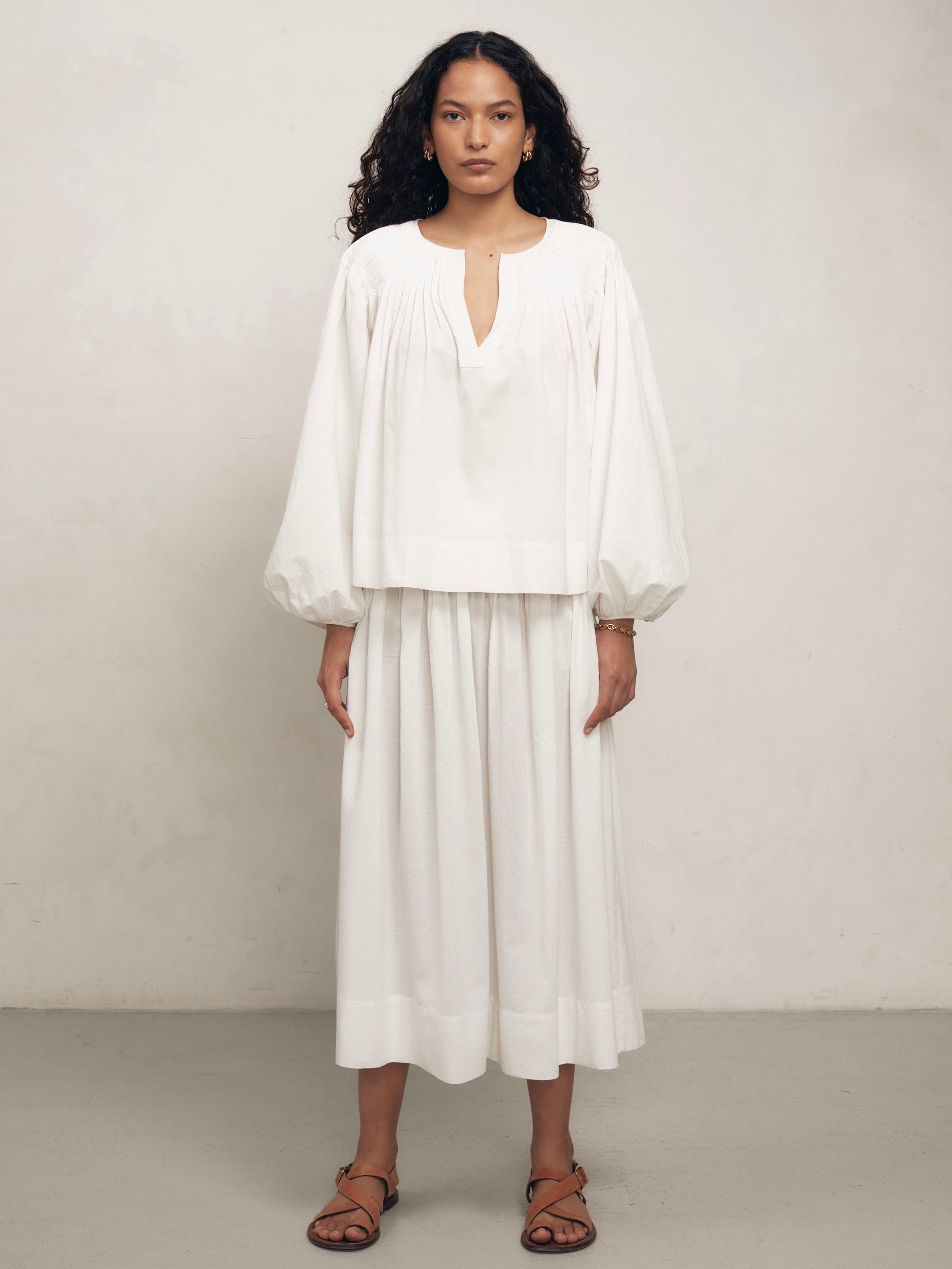Pleated Elizabeth - White Dot Cotton Blouse
