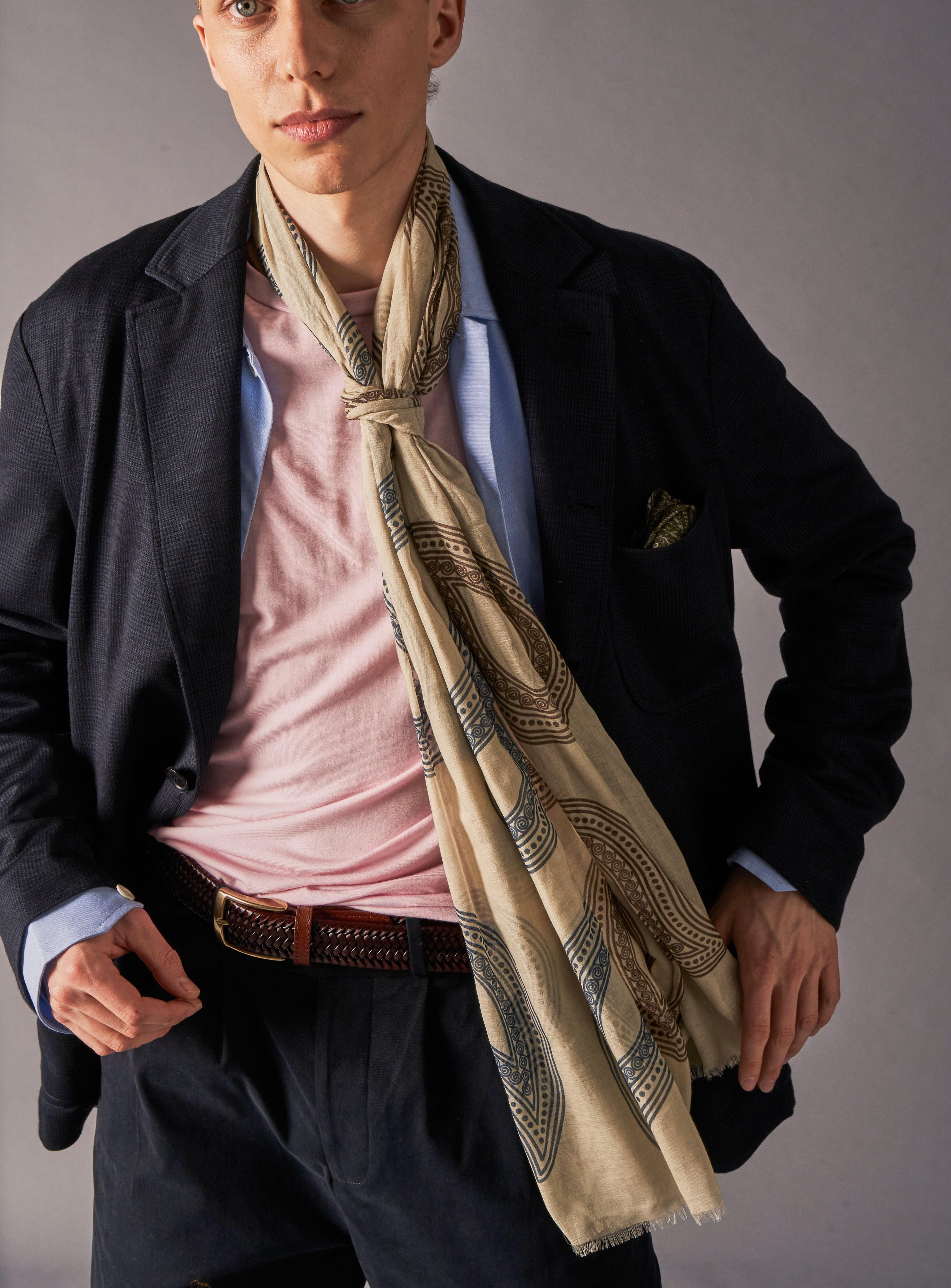 Cotton & Cashmere Wool Cream and Navy Paisley Neck Scarf