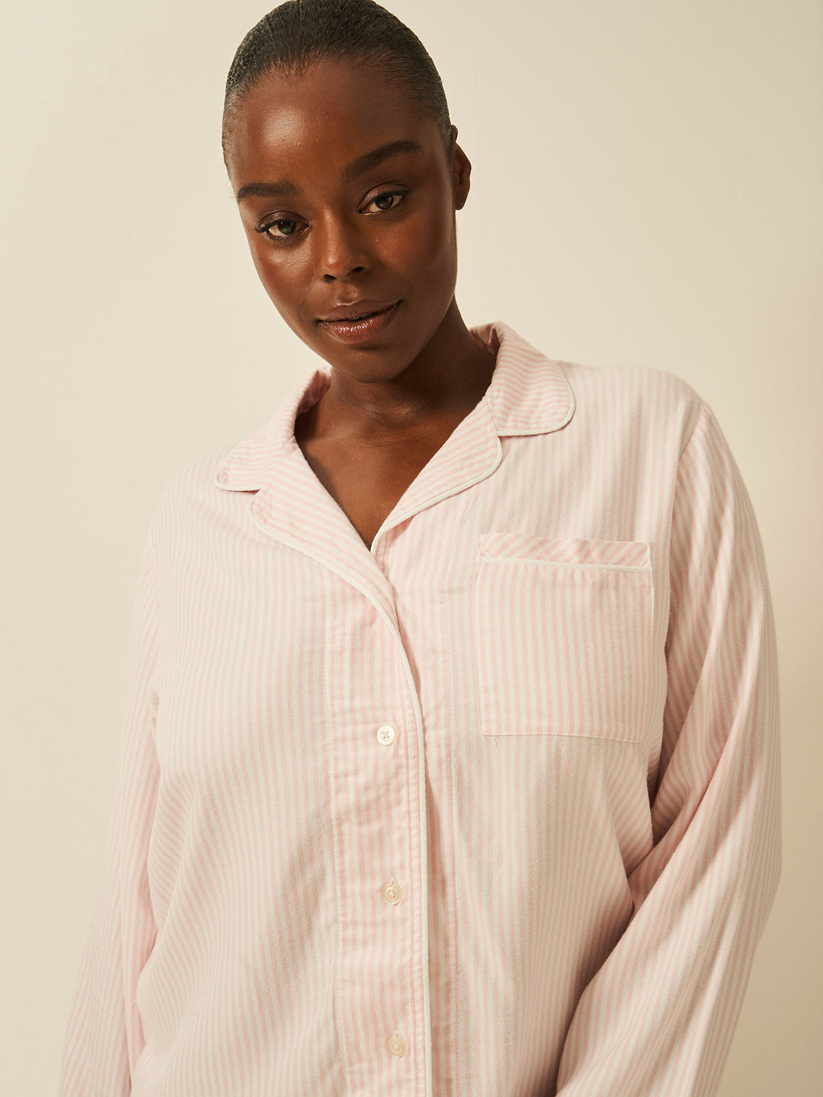 Soft Brushed Woven Pyjama Top - Pink Stripe