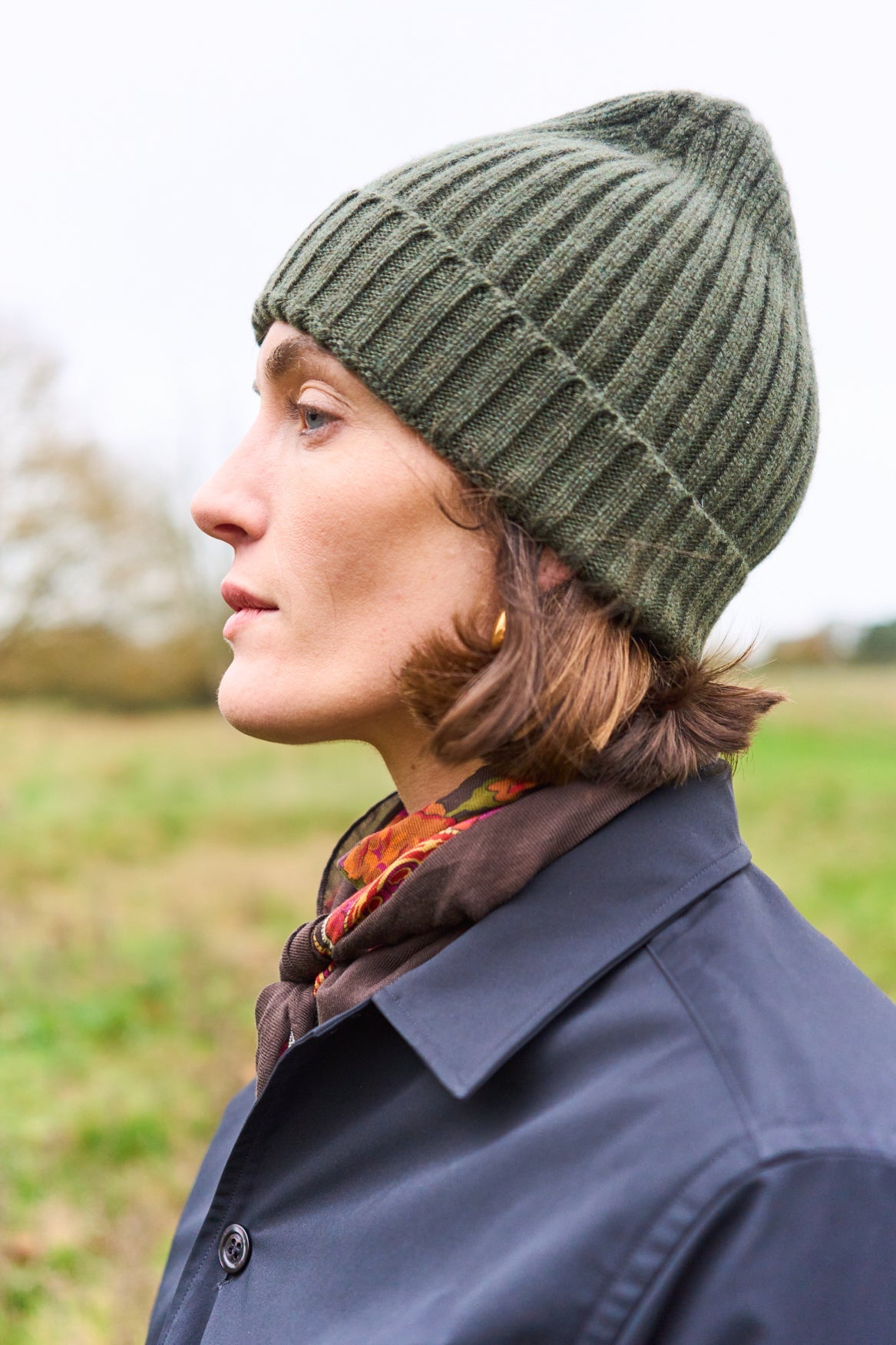 Cashmere Ribbed Olive Beanie Hat