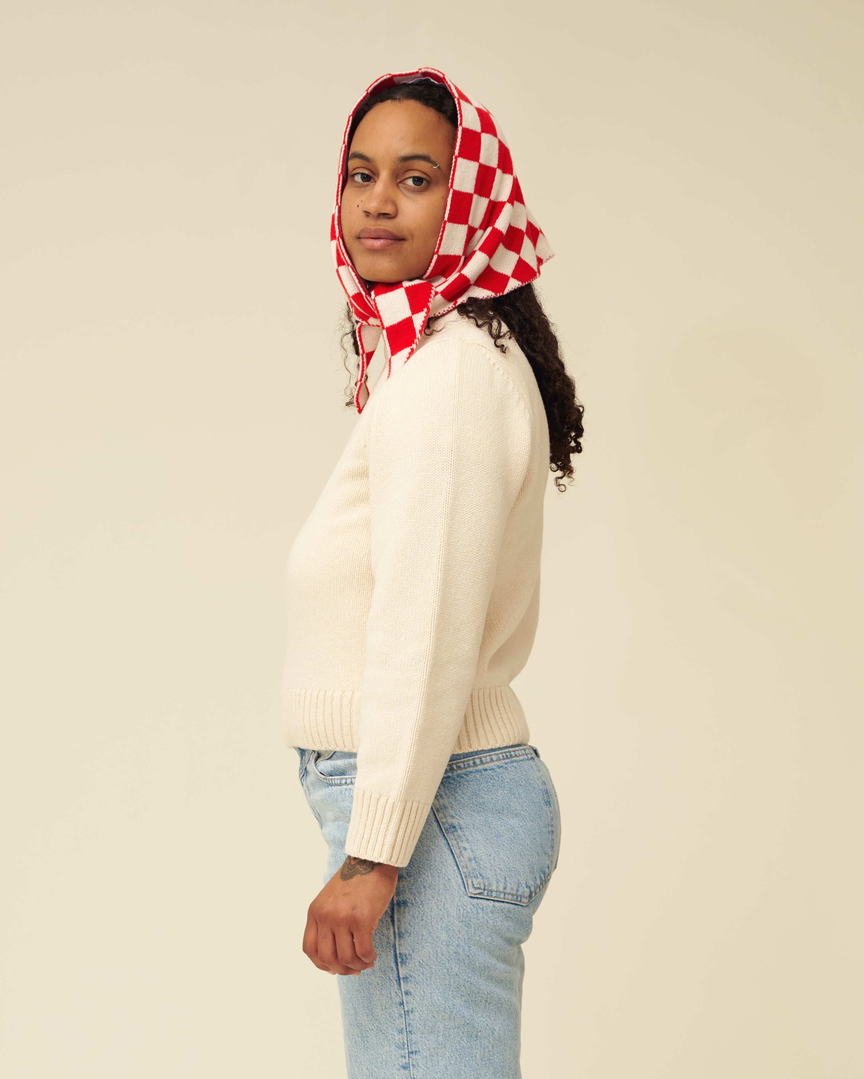 Checkerboard Merino Lambswool Neckerchief - Poppy Red & Ecru