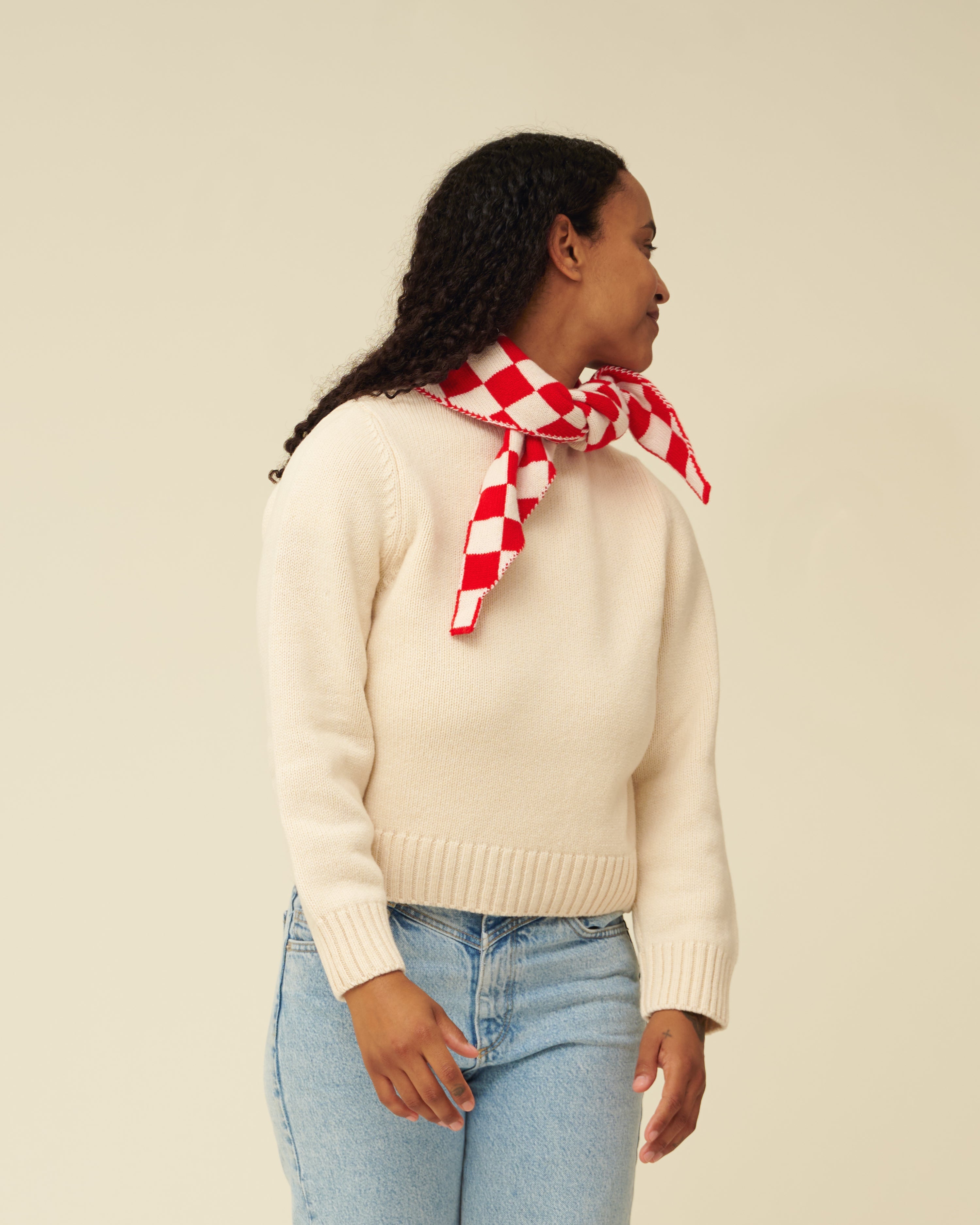 Checkerboard Merino Lambswool Neckerchief - Poppy Red & Ecru (Knitted-to-Order)