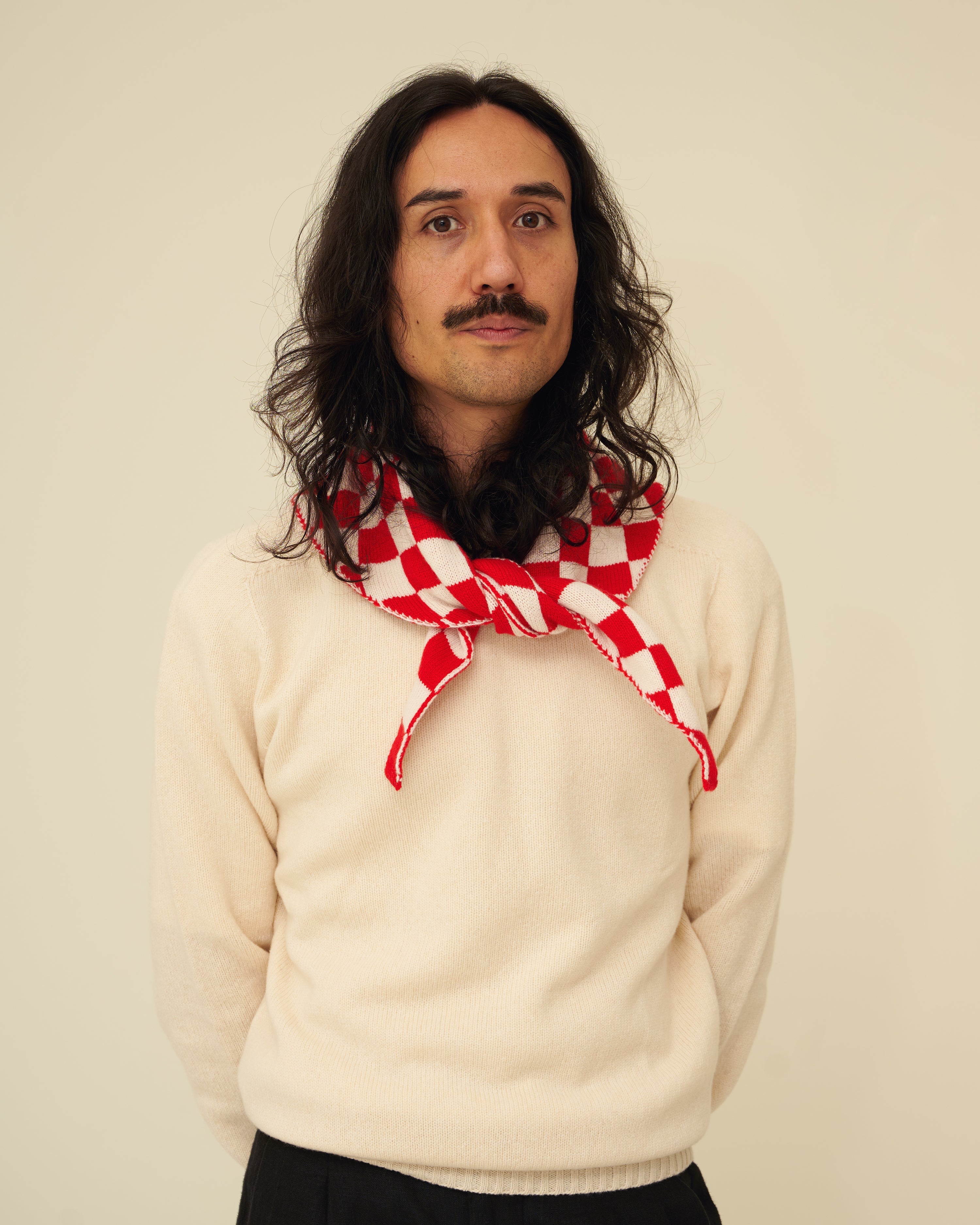 Checkerboard Merino Lambswool Neckerchief - Poppy Red & Ecru (Knitted-to-Order)