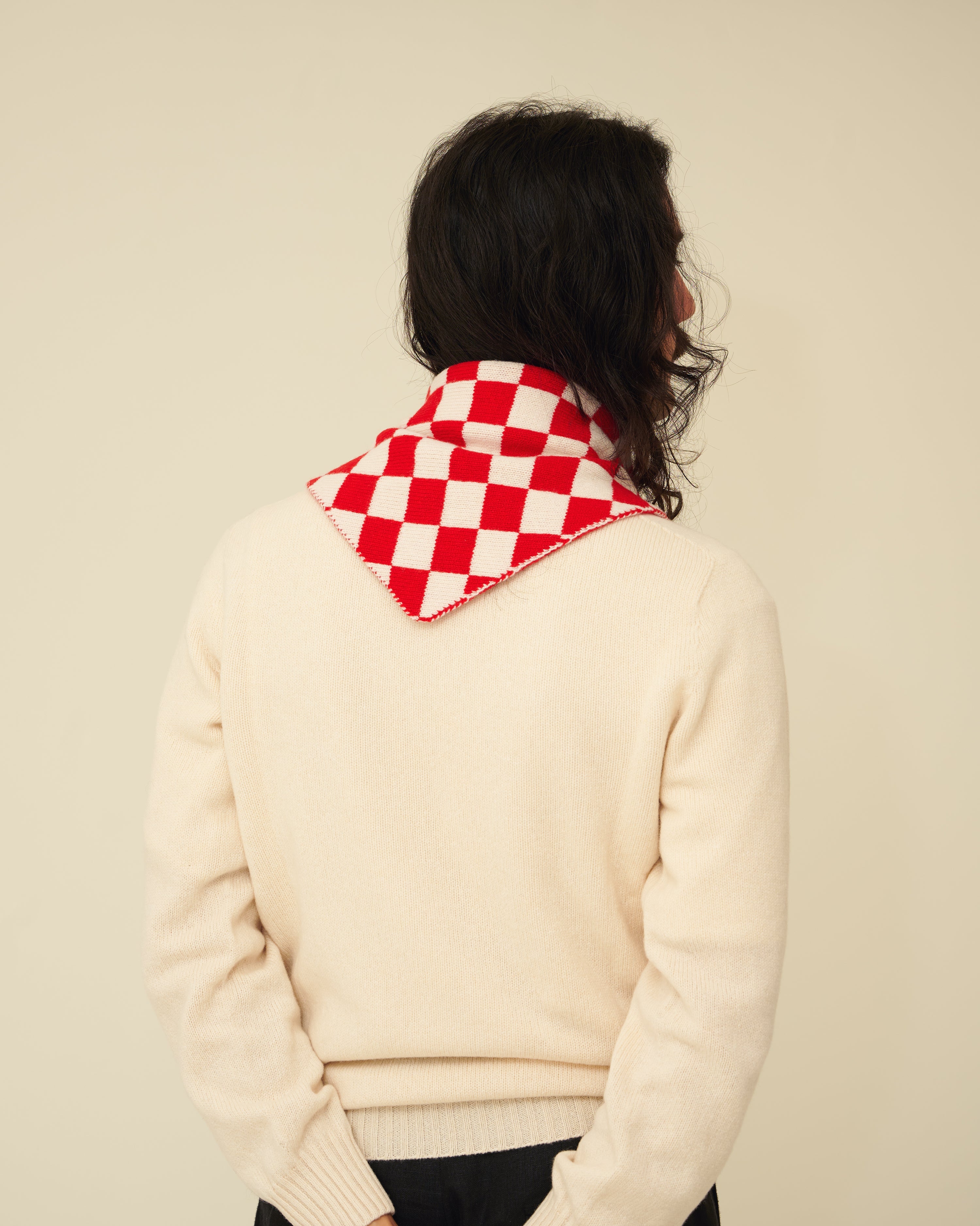 Checkerboard Merino Lambswool Neckerchief - Poppy Red & Ecru (Knitted-to-Order)