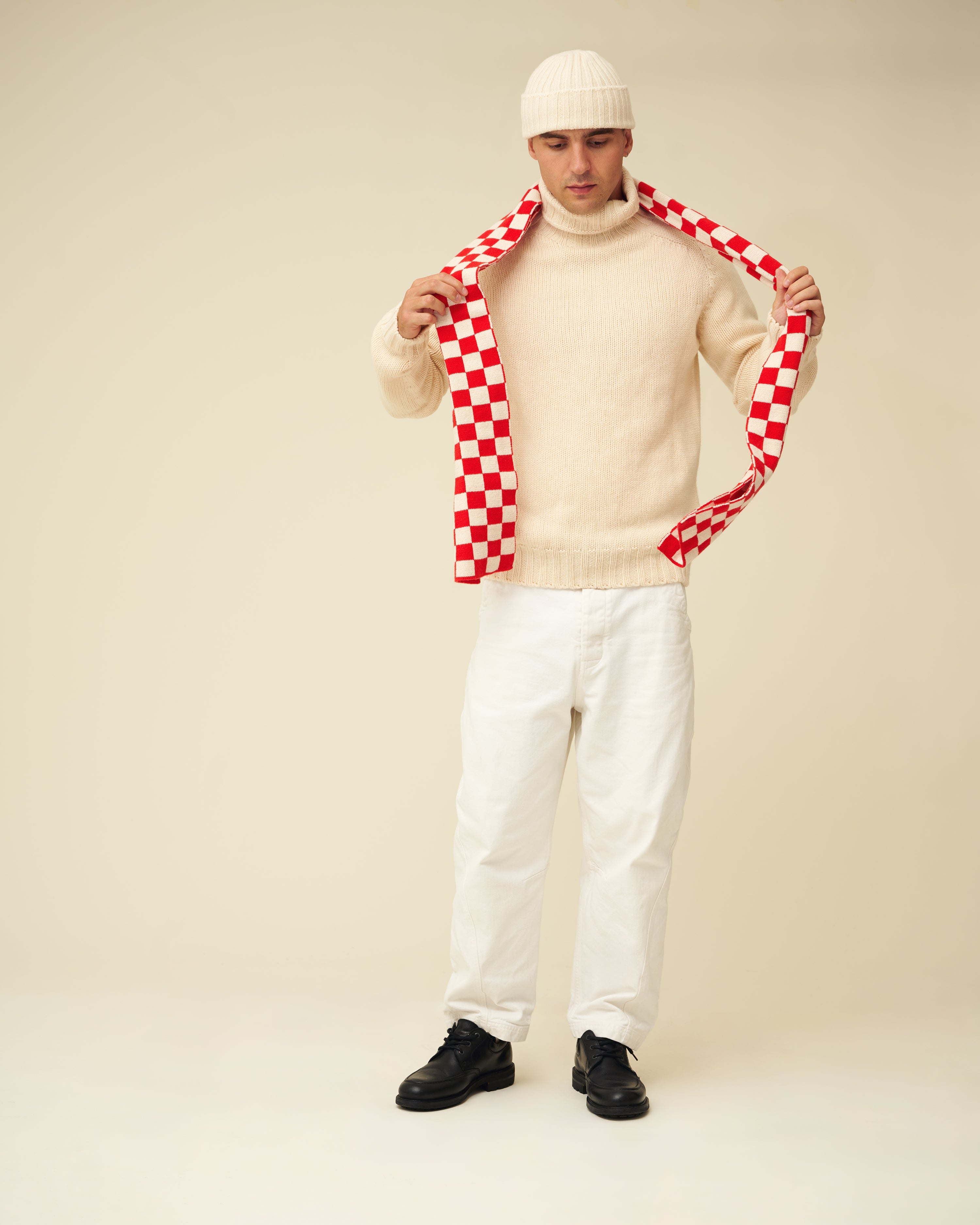 Checkerboard Merino Lambswool Scarf - Poppy Red & Ecru