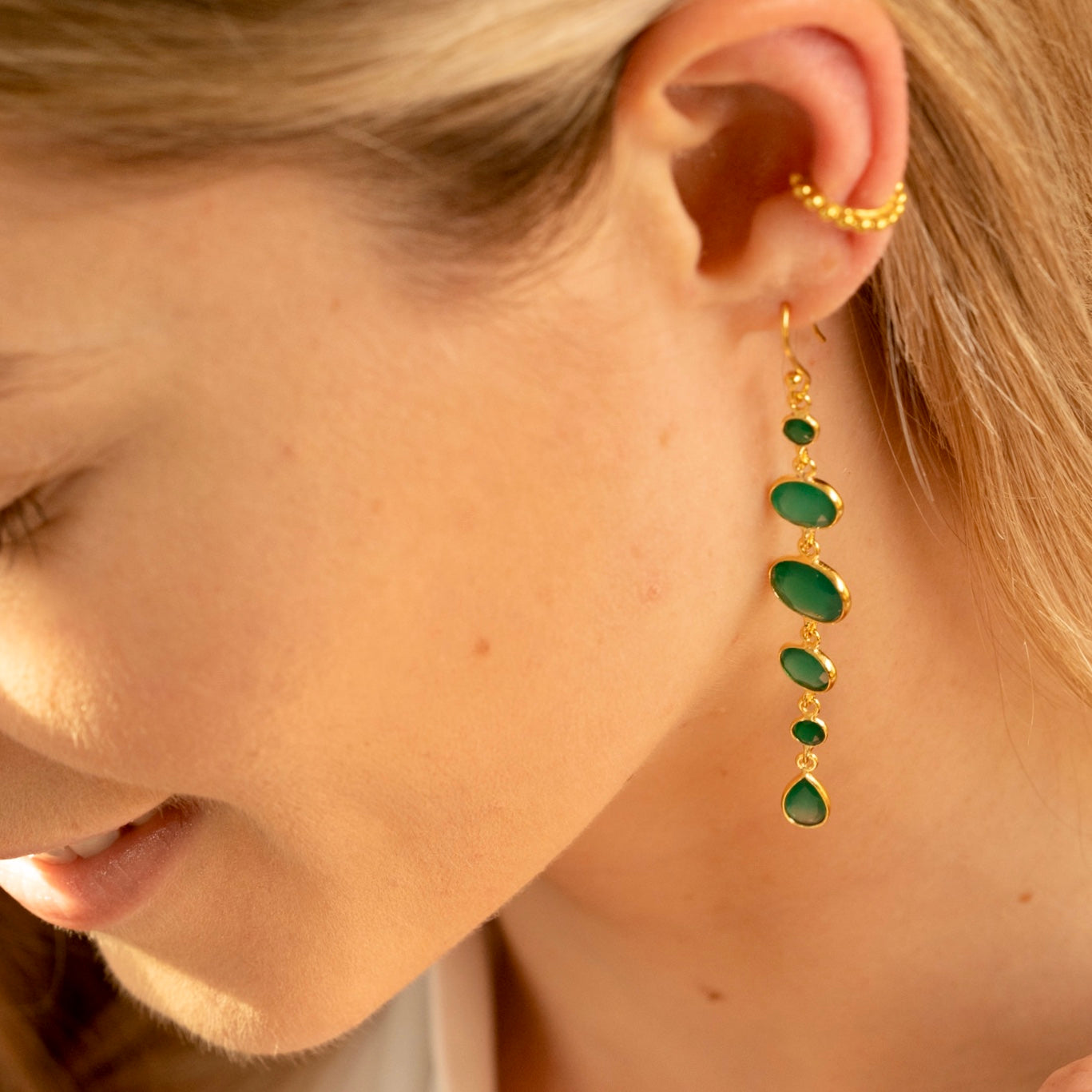 Cascade Earrings in Gold with Green Onyx